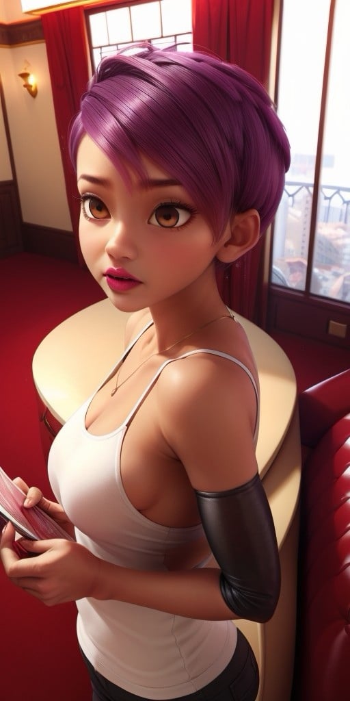 Hyperrealistic, photorealistic, super detailed, pixie-cut purple hair, expressive light brown eyes, body like in real life, large pores, slender, beautiful arms, unreal engine, octane render, droped shadow, bokeh, cinematic lighting, Strong fuchsia lipstick, Light brown eyes, Dark-skinned, <lora:add_detail:0.5>, <lora:Volumetric_lighting:0.6>, Light brown eyes, Pixie-cut purple hair, Rolling, Penny, , <lora:bd6cac7b-47eb-46fc-94e7-13fab41043a1:0.7>