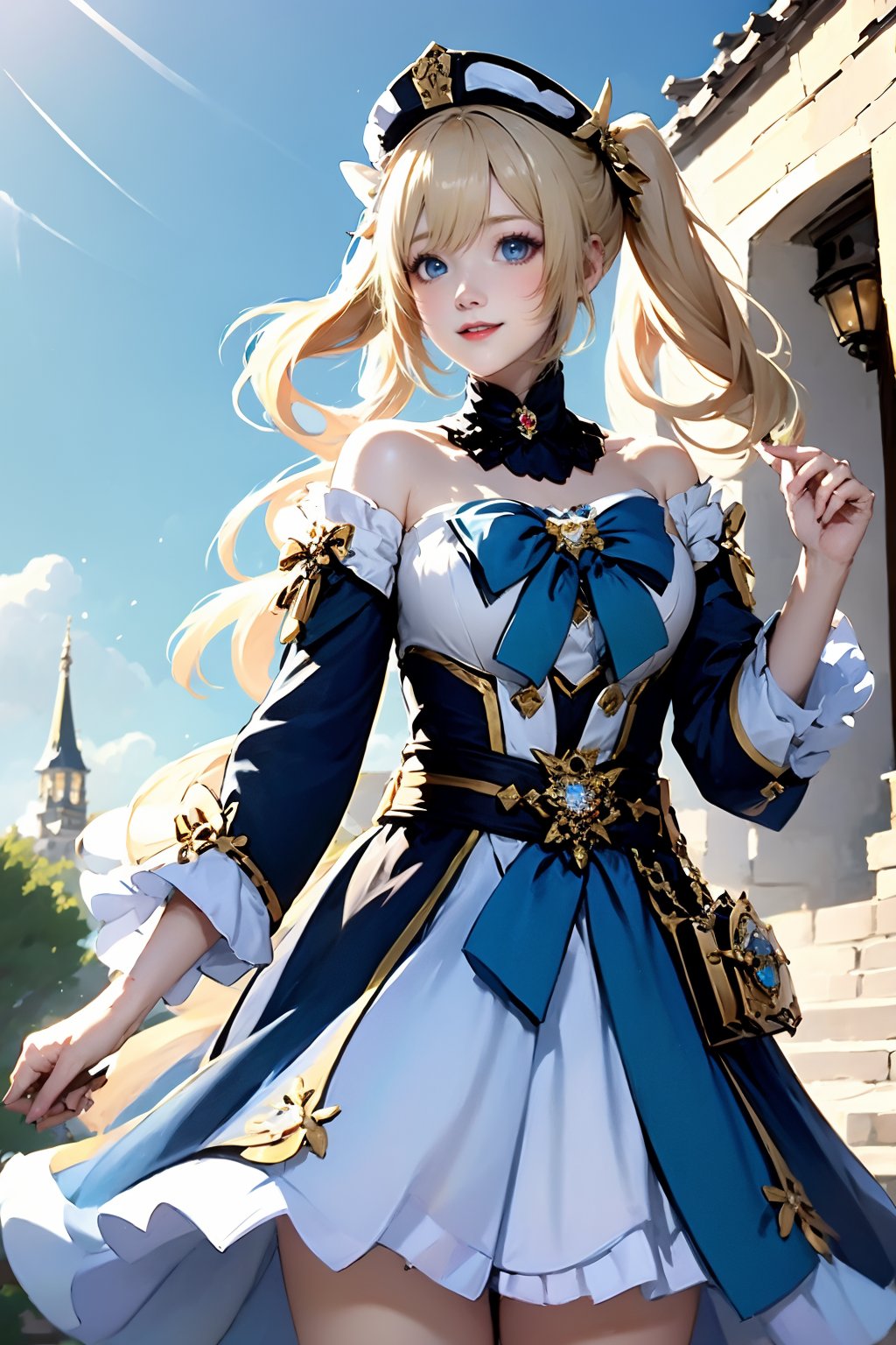 1girl, barbara \(genshin impact\), dress, solo, blue eyes, twintails, white dress, looking at viewer, blonde hair, sky, long sleeves, outdoors, bare shoulders, long hair, white headwear, cloud, blue sky, frills, day, hat, smile, bow, detached sleeves, parted lips, drill hair, frilled dress, hair twirling, book, twin drills, hair ornament, detached collar, castle, breasts, black nails, blush, cloudy sky, sidelocks, holding, off-shoulder dress, nail polish, lips, cowboy shot, belt, playing with own hair, medium breasts, strapless, white sleeves, strapless dress, bowtie, off shoulder, vision \(genshin impact\), pantyhose, puffy sleeves, architecture, standing