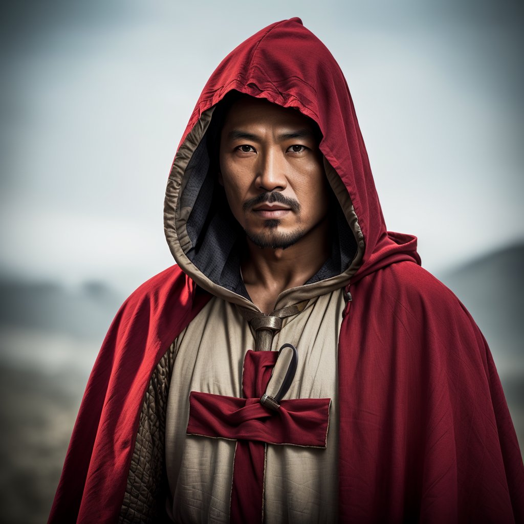 (masterpiece:1.2), (best quality:1.2), (detailed:1.2), close up portrait of asian man wearing templar clothes, hooded red cloak with white cross, stunning environment, <lora:templar:1>