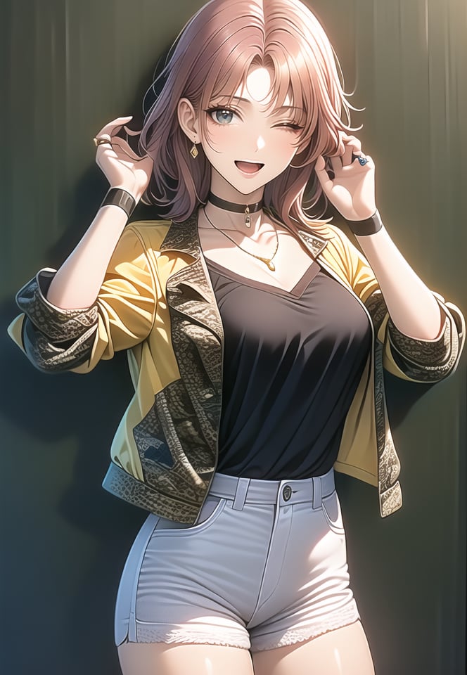 (best quality), ((masterpiece)), (highres), illustration, original, extremely detailed,1girl, solo, shorts, one eye closed, jewelry, jacket, breasts, smile, open mouth, choker, earrings, short shorts, open jacket, blue eyes, shirt, black shirt, open clothes, looking at viewer, necklace, black choker, yellow jacket, camouflage, cowboy shot, bangs, collarbone, white shorts, hands up, wristband, ring, high-waist shorts, medium breasts, medium hair, camouflage jacket, parted bangs