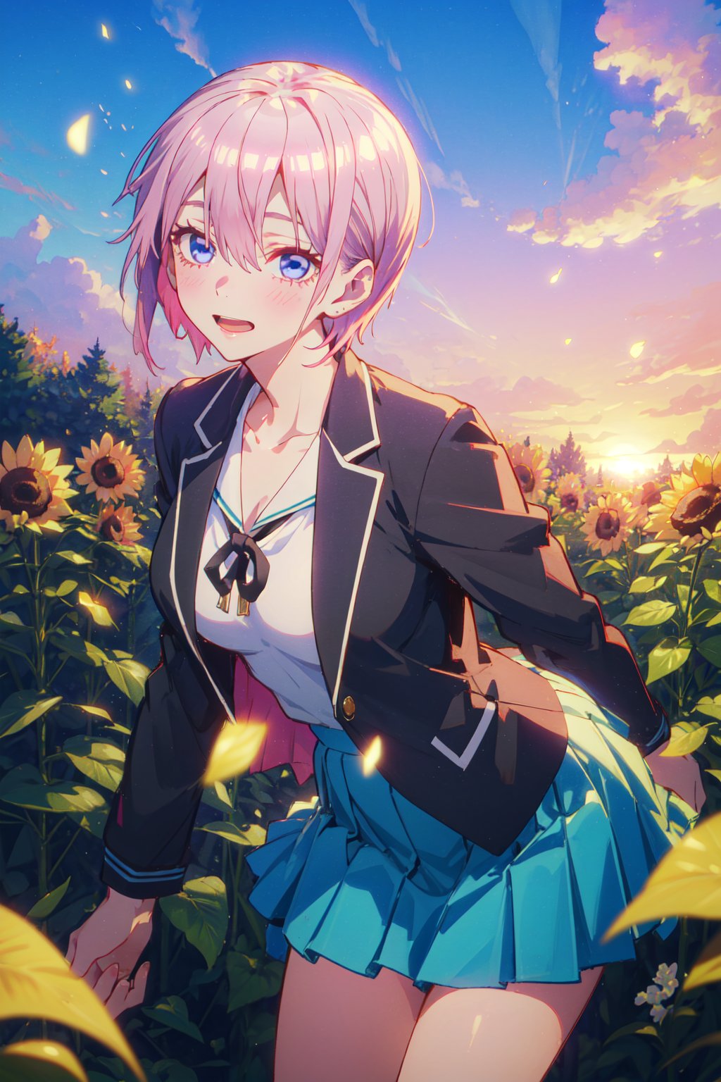 1girl,looking at viewer,solo,short hair,bangs,hair between eyes,pink hair,blue eyes,school uniform,collarbone,black jacket,white shirt,collared shirt,large breasts,open clothes,skirt,green skirt,pleated skirt,<lora:Ichika (3):0.8>,Ichika_CYQL,(laughing,bent over,cowboy_shot,from_back:1.1),beautiful face,beautiful eyes,glossy skin,shiny skin,Sunflowers, Field, Dawn, Golden petals, Bees, Sunlight, Horizon, Harvest,Boxwood hedges, Statues, Formal parterres, Fountain, Classic architecture, Symmetry,beautiful detailed sky,beautiful detailed glow,masterpiece,best quality,beautiful and aesthetic,contrapposto,female focus,fine fabric emphasis,wallpaper,fashion,<lora:增强减少细节add_detail:0.4>,