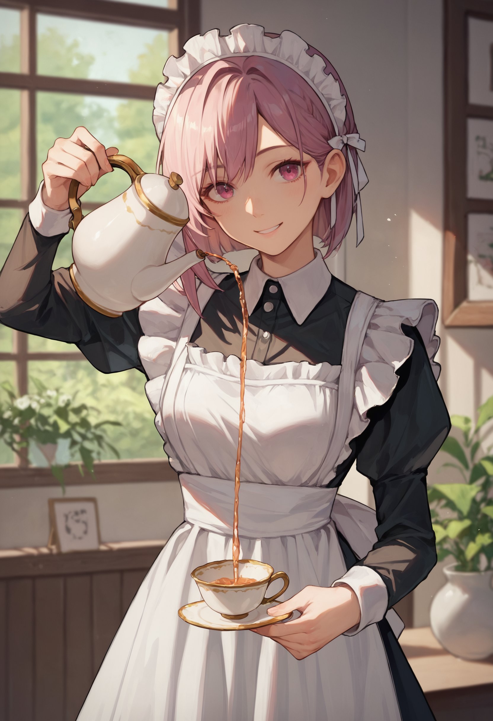 score_9, score_8_up, score_7_up, 1girl, pouring, holding cup, holding teapot, maid headdress, maid apron, looking at viewer, smile<lora:holding_teapot_pouring_3_final_d32:1>