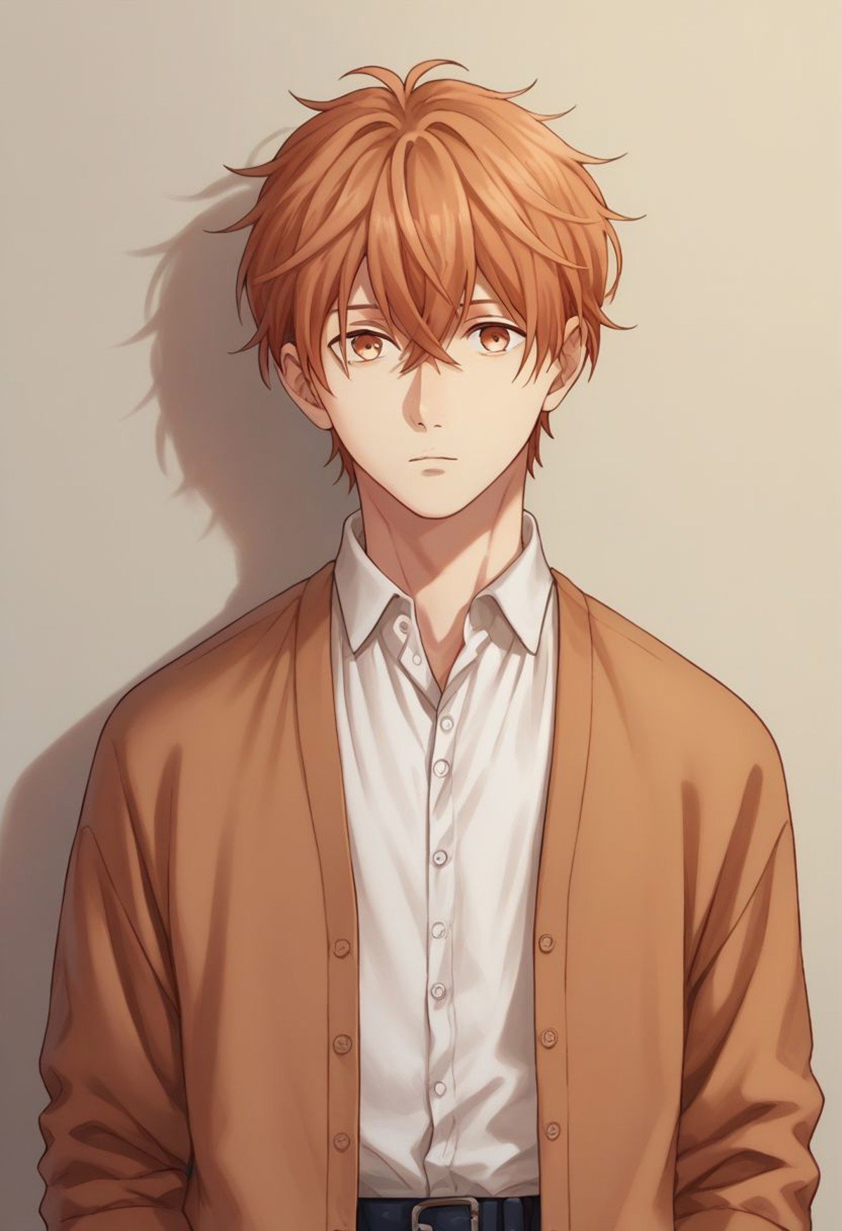 score_9, score_8_up, score_7_up, source_anime, highly detailed, skinny, mafuyu, 1boy, male focus, solo, brown eyes, salmon hair, hair between eyes, shirt, white shirt, collared shirt, cardigan, pants, expressionless, upper body,indoor, 