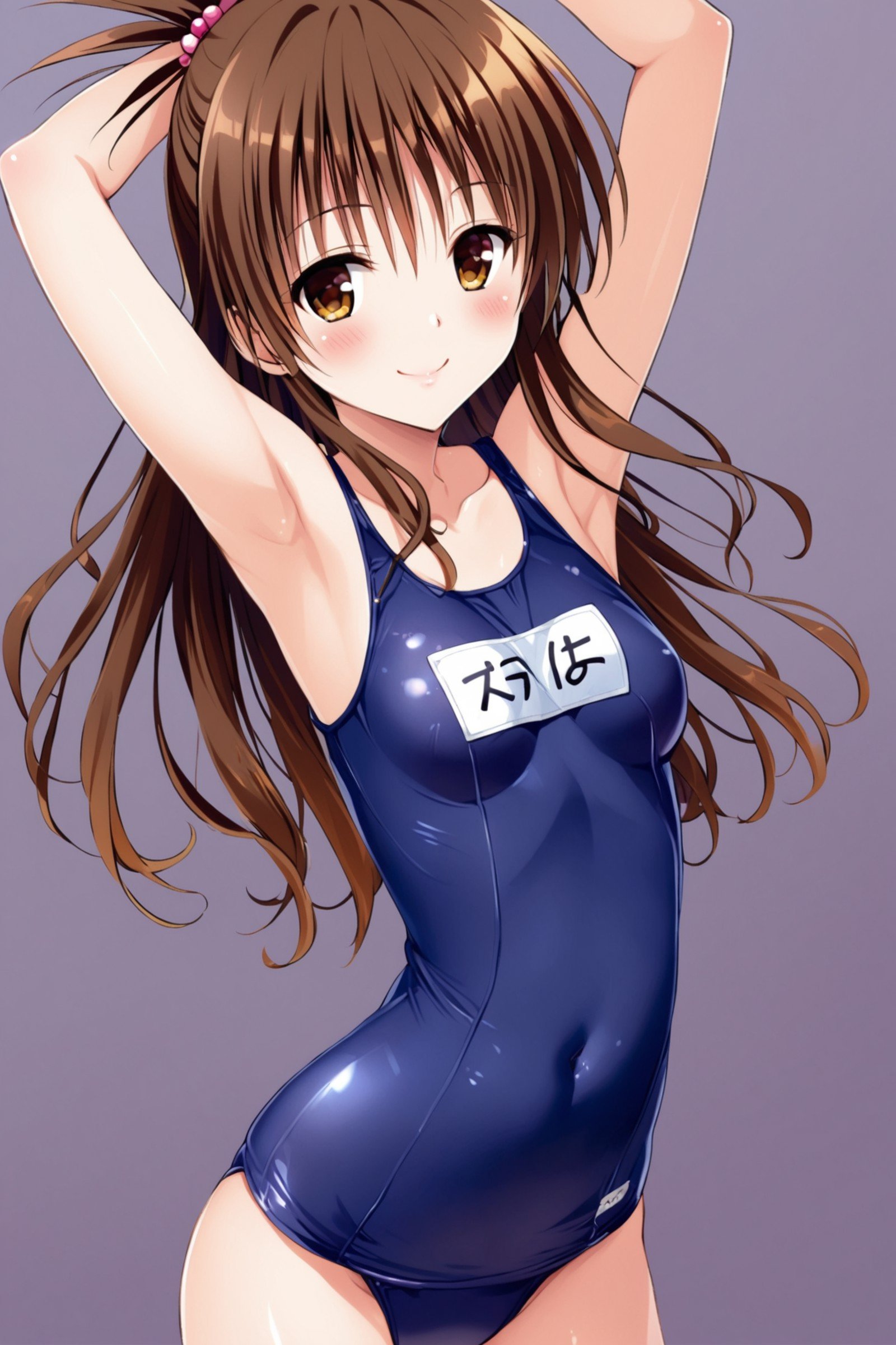 yuuki mikan,1girl,solo,swimsuit,brown hair,school swimsuit,armpits,one-piece swimsuit,long hair,smile,breasts,small breasts,covered navel,blush,looking at viewer,arms up,brown eyes,hair ornament,name tag,cowboy shot,shiny,blue one-piece swimsuit,shiny clothes,<lora:Yabuki Kentarou_XL_netaArt:0.8>,