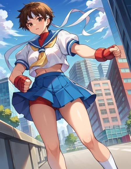 score_9, score_8_up, score_7_up, source_anime,sakurakasugano, <lora:sakura-kasugano-ponyxl-lora-nochekaiser:1>,sakura kasugano, brown eyes, brown hair, short hair, mature female,ankle socks, blue skirt, crop top, headband, midriff, miniskirt, navel, sailor collar, school uniform, shoes, short sleeves, skirt, sneakers, socks, stomach, shirt, white shirt, white headband, gloves, red gloves,outdoors, cityscape,looking at viewer, dutch angle, cowboy shot,