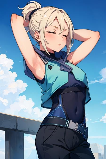 masterpiece, best quality, 1girl, <lora:valorantjett-nvwls-v1-000009:0.9> valorantJett, short ponytail, blue jacket, sleeveless, cropped jacket, black bodysuit, belt, black pants, black gloves, raised arm, armpit, looking at viewer, closed eyes, from side, blue sky, arms behind head