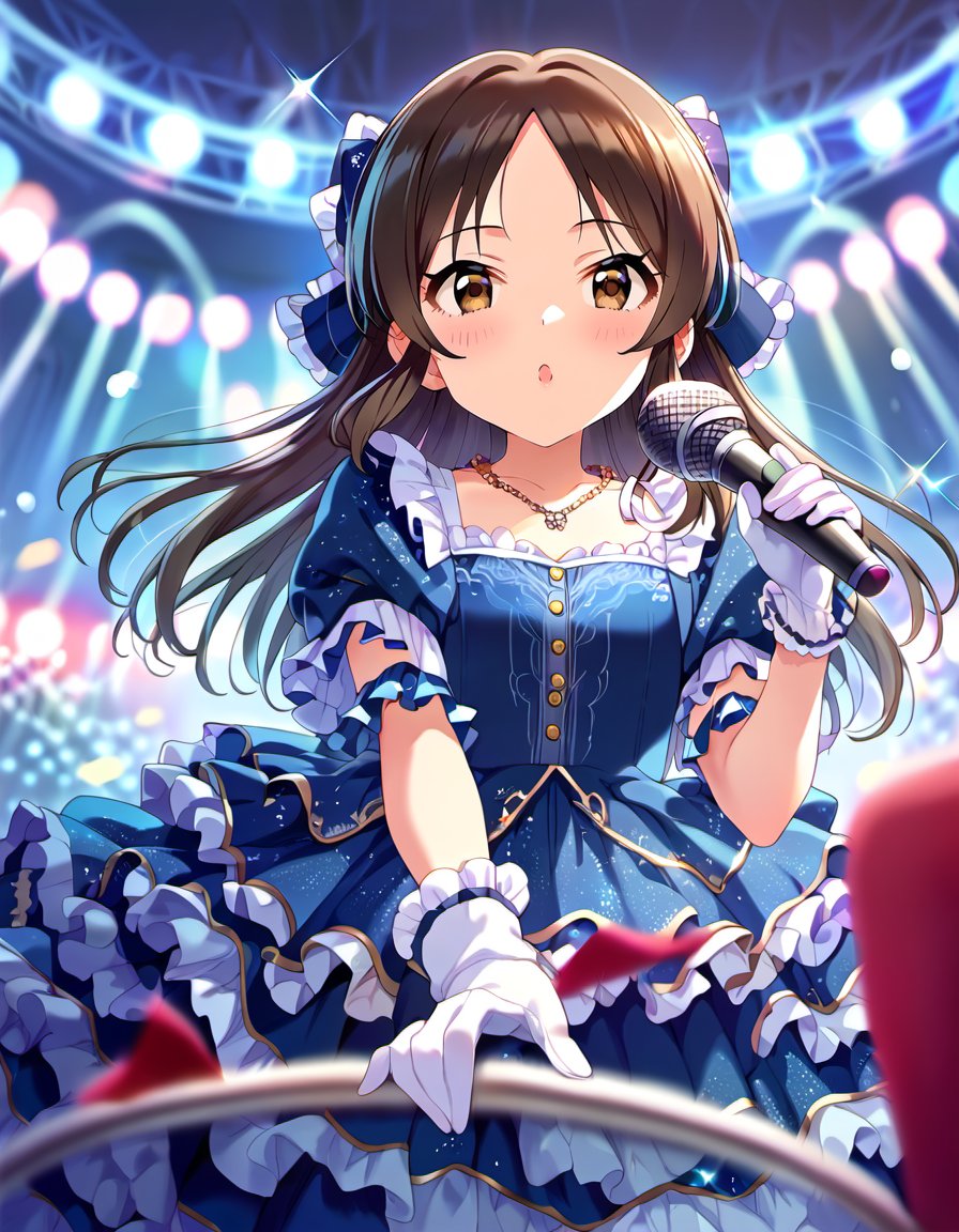 score_9, score_8_up, score_7_up, source_anime,1girl, solo, idol concert, singing on stage, microphone, looking at viewer,  blue theme, live theater, stage lights, large television, light particles, blurry background, depth of field, <lora:TachibanaArisu_pony_v1:0.9>tcbnars, long hair, brown hair, parted bangs ,hair bow , brown eyes, flat chest, idol clothes, girly dress, blue dress, skirt, white gloves, frills, lace trim, necklace, 