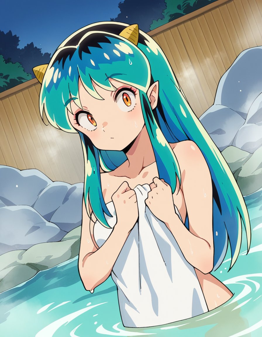 score_9, score_8_up, score_7_up, source_anime,uruseilum, <lora:urusei-lum-anime-s1-ponyxl-lora-nochekaiser:1>,lum, long hair, bangs, blue hair, orange eyes, horns, pointy ears, aqua hair, oni horns, eyeshadow,nude, naked, outdoors, onsen, towel, naked towel, steam, bathing, nude cover, partially submerged, water, bath, steam censor, wet towel,looking at viewer, dutch angle, cowboy shot,