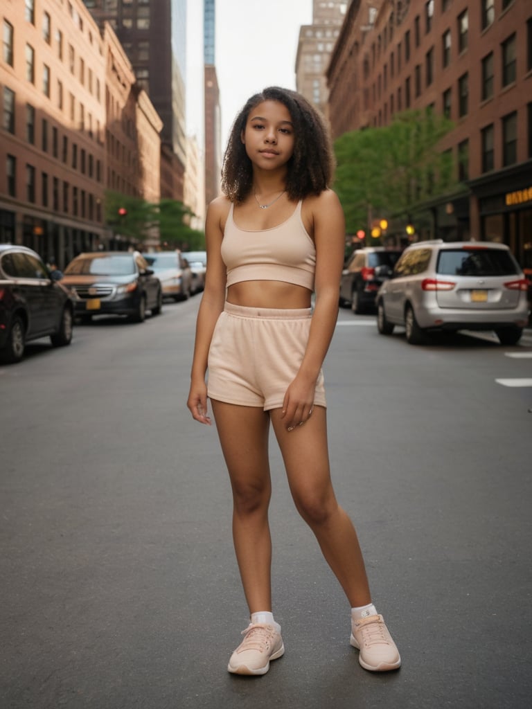best quality, nude a young girl 18yo skin skin-color color stand in united states, new york, sneakers, General_Camera  14mm f1.8 len