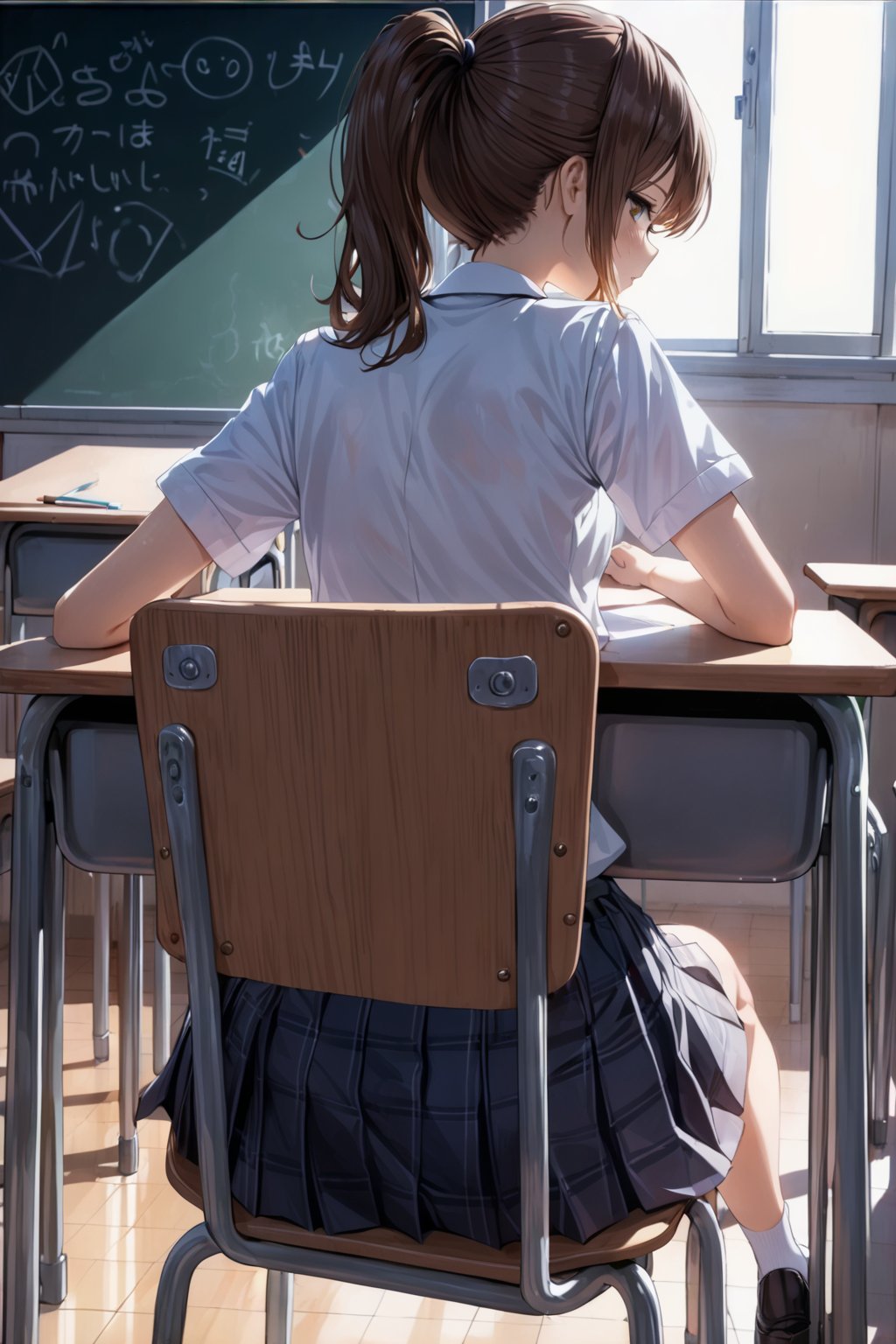 1girl, solo, brown hair, ponytail, school uniform, looking back, from behind, sitting on chair, desk, classroom, black board, transparent, masterpiece, best quality