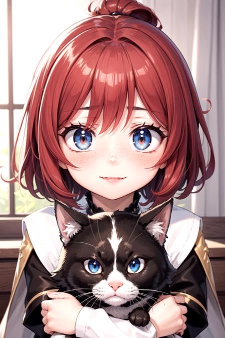 a beautiful anime girl, red hair, freckles, smooth skin, blurry background, holding a cat, soft, cute, happy, illustration, cute, perfect proportions, perfect face, perfect eyes