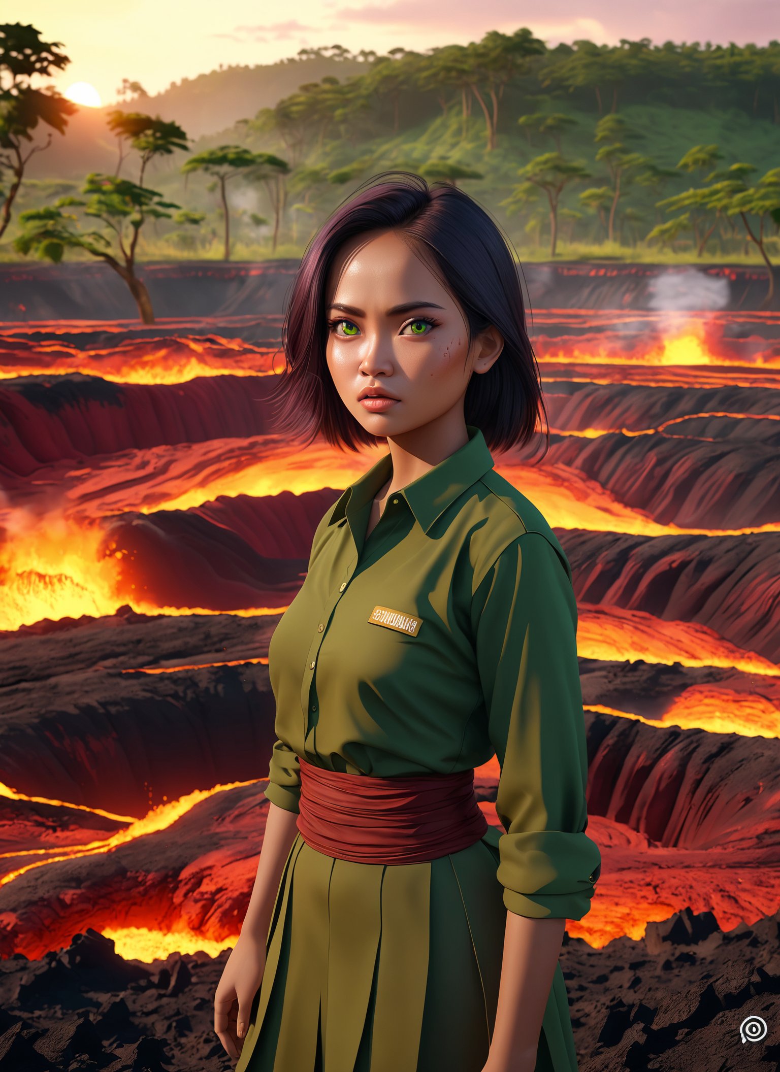 Medium format photorealistic highly detailed 8k photography, (Strong Indonesian Female Filmmaker in Commanding Stance:1.3), (Sweeping layered field vista:1.3), Teeming lava pit landscape, Natural grandeur, (Sunrise glow:1.2), Laden with Anger, Constructivism essence, (Nostalgic lighting play:1.2), Lively color palette, Authentic skin portrayal, Piercing Green eyes, Burgundy and Forest Green shades, Mauve and Yellow dustings, Showcase in 8K resolution, Trending on CGSociety platform, Organic feel