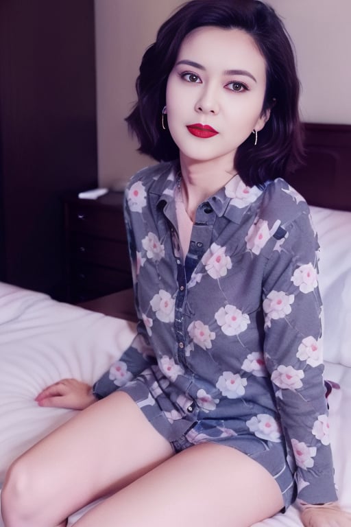 and, background, bed, black, earrings, eyes, floral_print, hair, legs, mouth, name, portrait, red, red_lips, shirt, solo, upper,  <lora:SD1.5_Guanzhilin2.128:0.8>