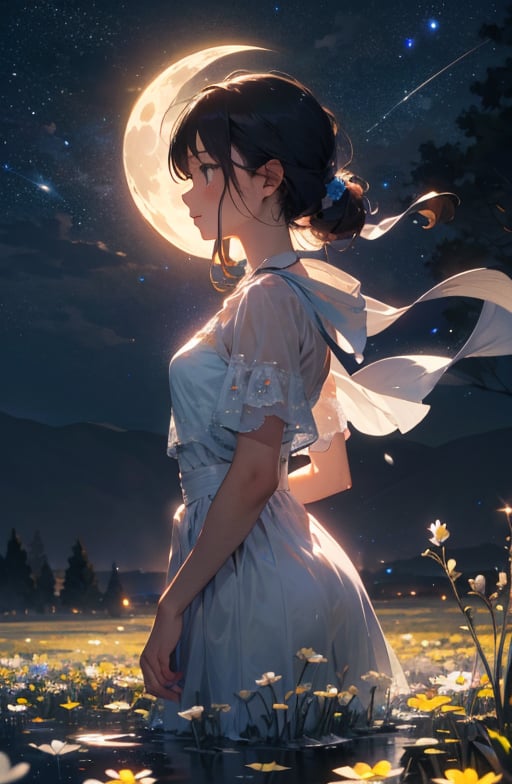 1girl,clear face,hyperdetail,medium breasts,standing,(outdoors:1.2),black hair,profile,realistic,solo,high quality,masterpiece,BREAK,((moon)),starry sky,(lighting particle),fog,snow,(bloom),(water bloom),(delicate glow),(breeze),long Flowers meadow,