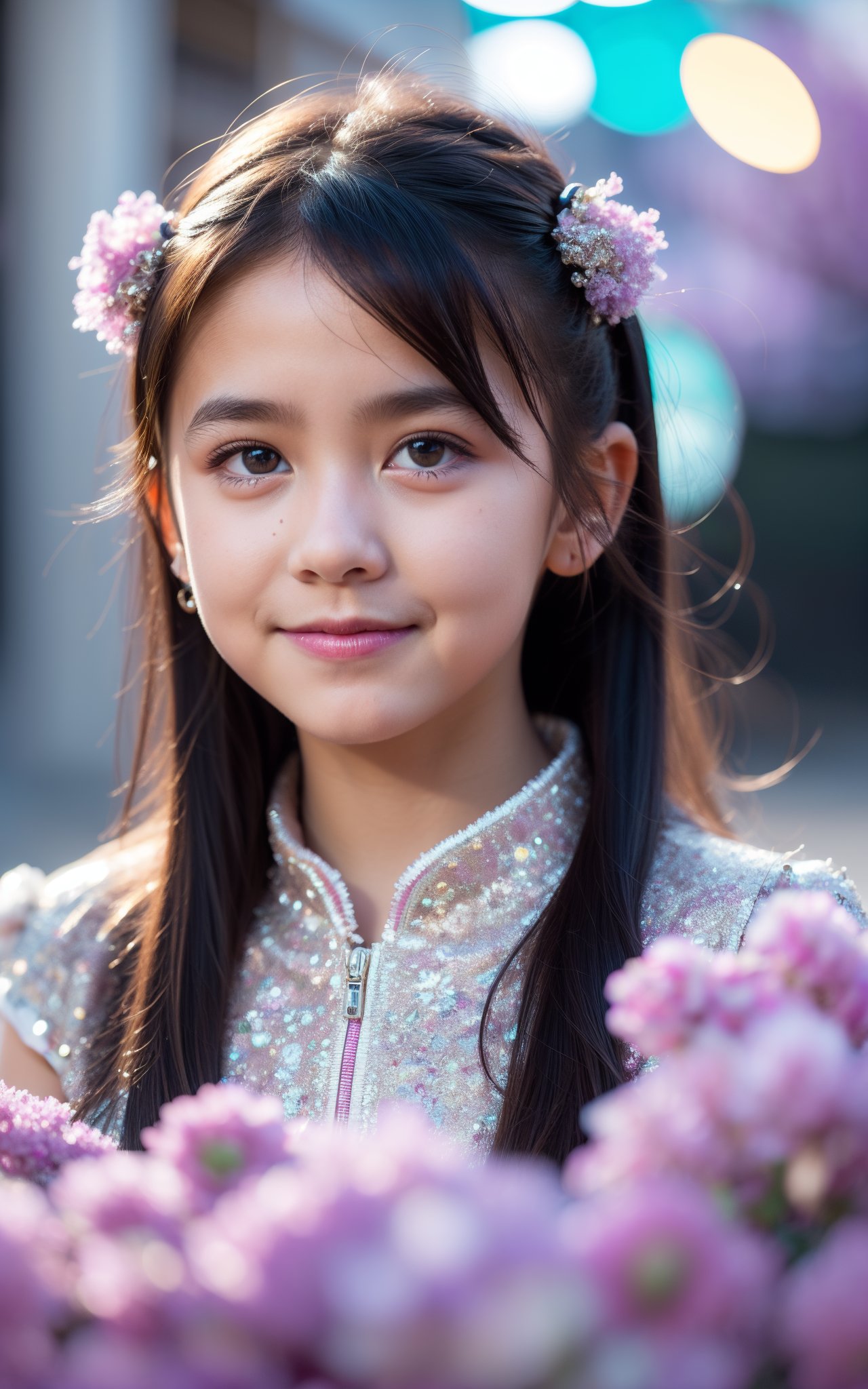 Tangible,jewel-studded collar,Acid colors markings,shimmering fur,Maroon crystal ball,enchanted cityscape,soft Lavender flowers,rendered in digital art by Catherine Garvey,Marty M.E. Stocker,4K,HDR,high contrast,stylized,little girl's innocent smile,