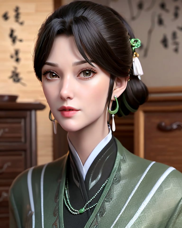 a woman with a green and white outfit and earrings on her head and a wooden dresser with asian writing on it, 1girl, black hair, blurry, blurry background, blurry foreground, brown eyes, chinese clothes, depth of field, earrings, hoop earrings, indoors, jewelry, lips, motion blur, nose, photo \(medium\), soloupper body