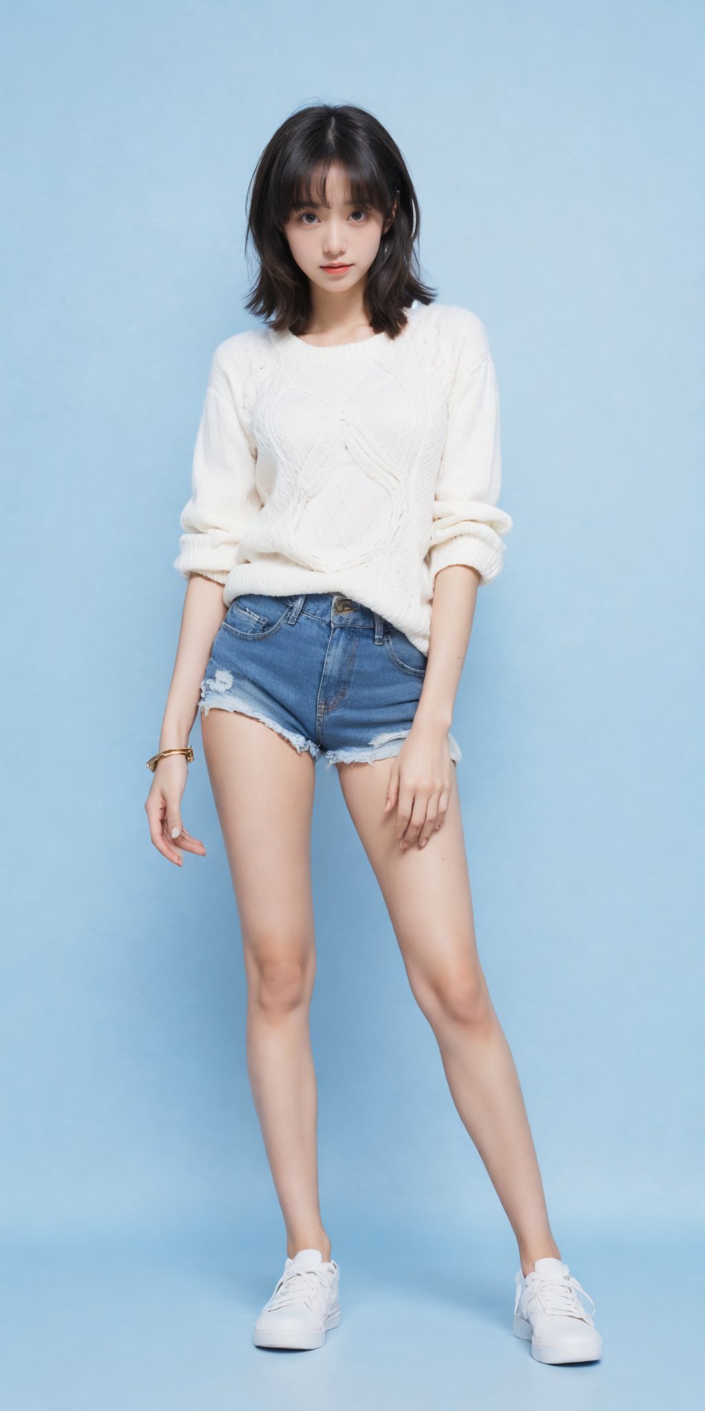 1girl,(standing:1.3),(denim_shorts:1.2),(blue background:1.3),(white sweater:1.2),white sneaker,