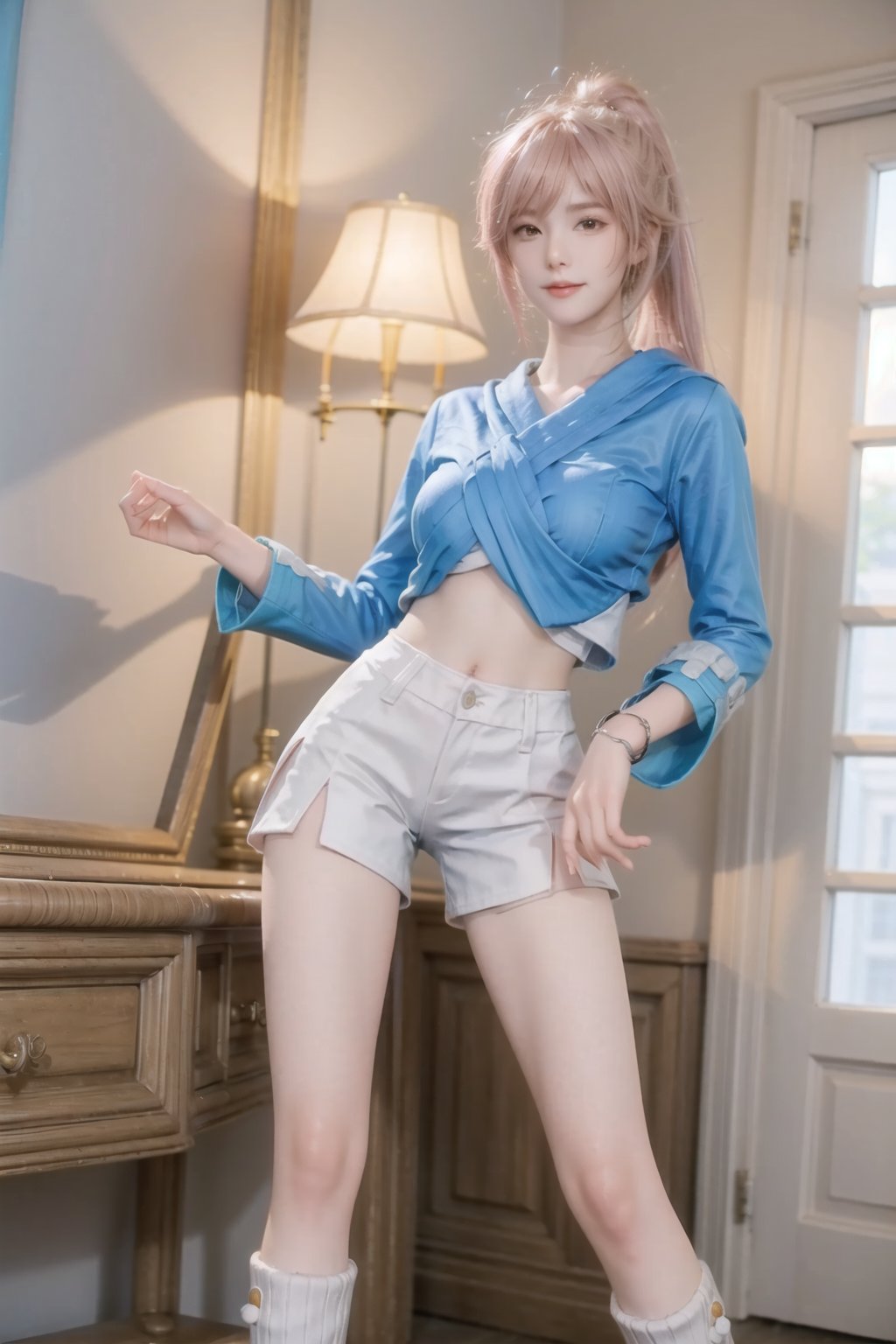 best quality,Best quality,masterpiece,ultra high res,(photorealistic:1.4),raw photo,1girl,solo,jxm,stand,school,pink hair,opaque,delicate face,long legs,whole body,smile,Supergiant huge breasts,high ponytail,ponytail,<lora:face-完美脸型2:0.3>,<lora:face-阿又:0.2>,<lora:jxm01:0.7>,<lora:hairdetailer:1>,