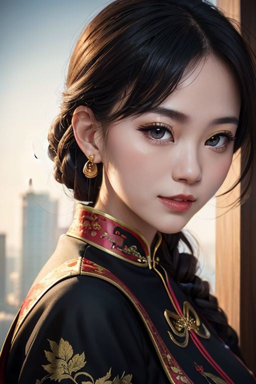 glamour photography, best quality, masterpiece, 4K, 1girl, <lora:Bjiansao:1.5>, (3/4 view:1.2), (extreme close-up:1.5), gorgeous woman, charm, ethereal, dressing modern black chinese  dress, looking at viewer, (LIGHT SMILE:1.0), ethereal, tech wear, volumertic lighting, natural light, (Hasselblad CFV 100C, sharp focus), outdoors, cinematics lighting, (frontal light:1.5), chinese architecture background, elegant pose, cinematic lighting, 
