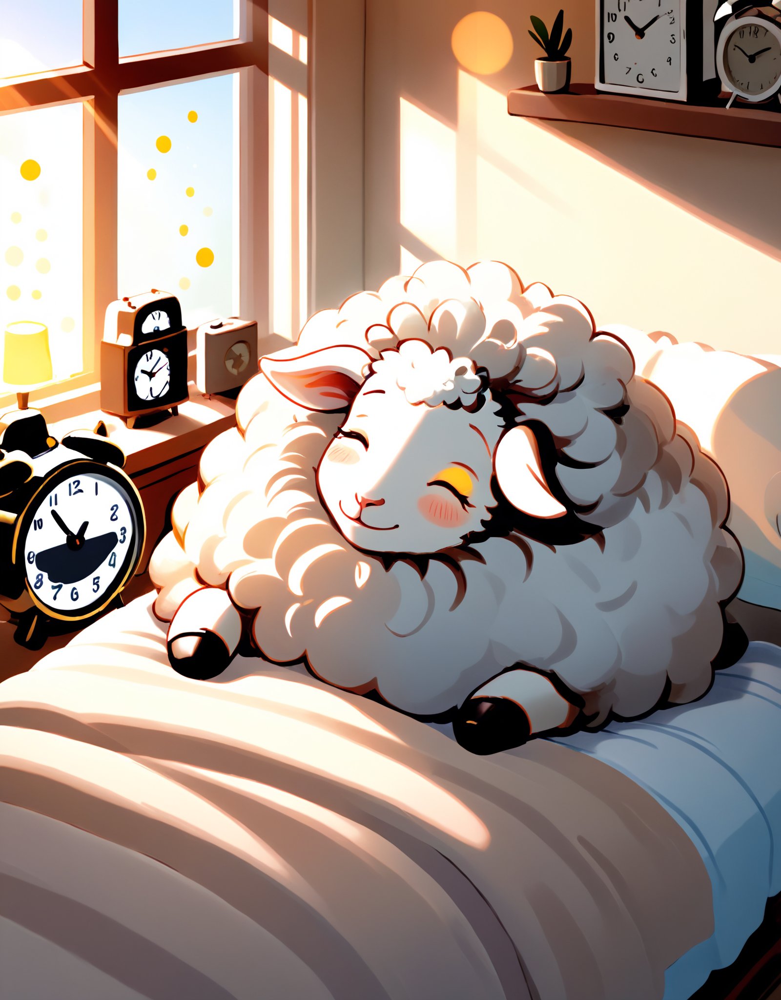 Illustration of a fluffy white sheep sleeping soundly in a cozy bed with a gentle smile on its face, surrounded by scattered alarm clocks and sunlight streaming through the window, as the world outside is busy with morning routines.