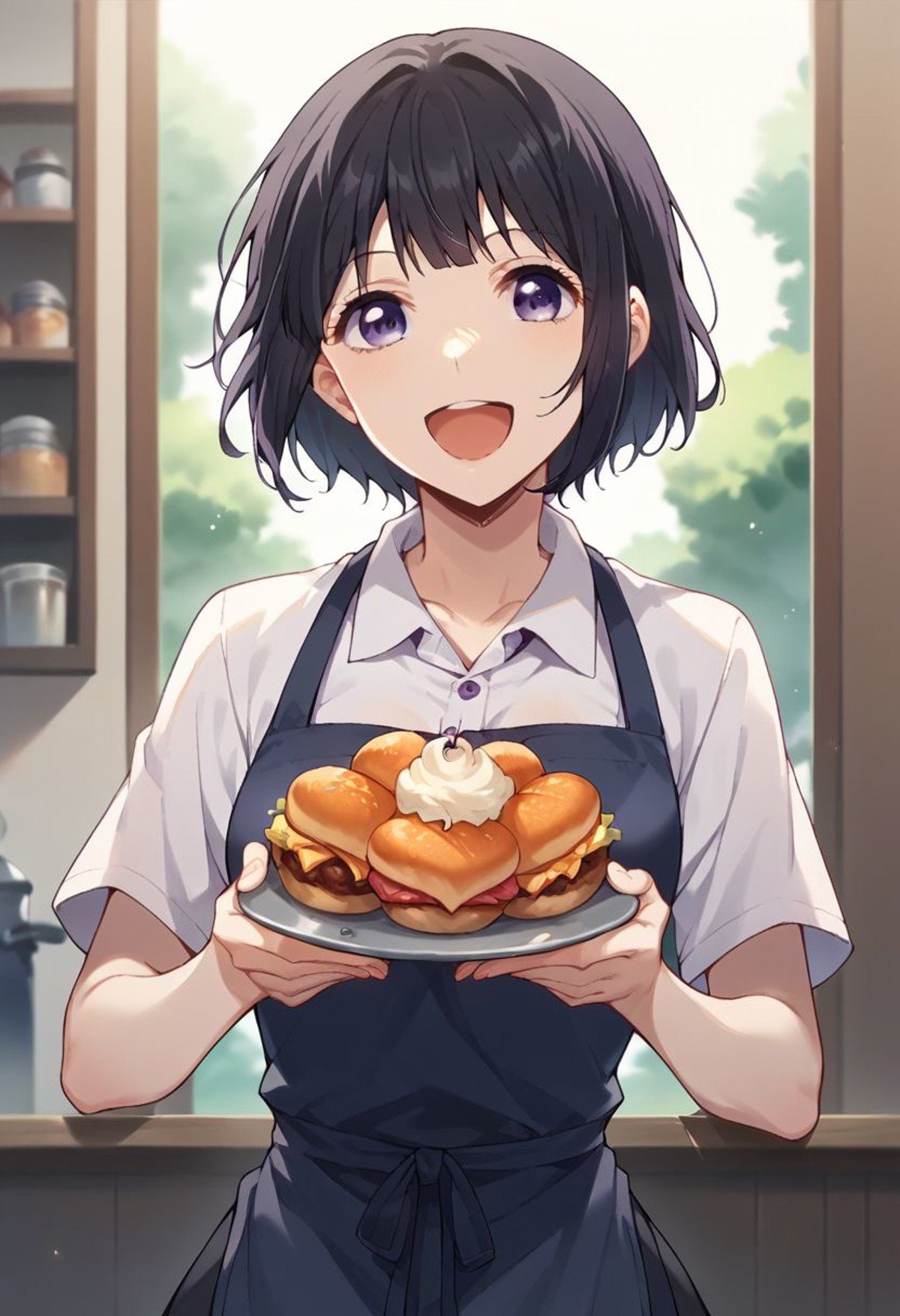 score_9, score_8_up, score_7_up, score_6_up, score_5_up, score_4_up,yasuraoka hanabi, black hair, short hair, purple eyes, 1girl, solo, food, solo, apron, smile, open mouth