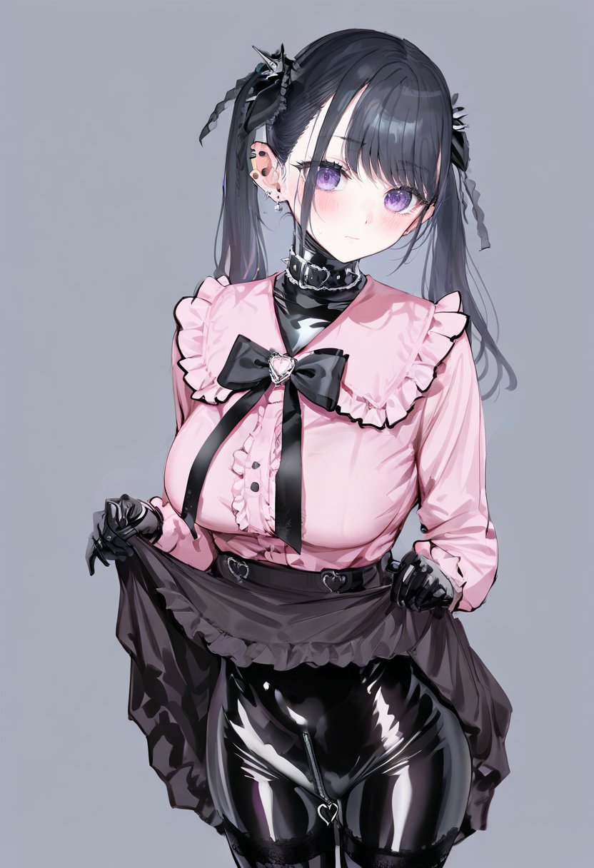 score_9, score_8_up, score_7_up, score_6_up, <lora:YDXL_P6_lokr_V53P1:0.95>  1girl, solo, twintails, skirt, bodysuit, black hair, latex, looking at viewer, skirt lift, frills, breasts, purple eyes, clothes lift, black bow, simple background, shirt, black skirt, bow, bangs, blush, jirai kei, gloves, jewelry, black gloves, black bowtie, piercing, ear piercing, black bodysuit, long hair, closed mouth, bowtie, latex bodysuit, lifted by self, large breasts, collar, earrings, grey background, pink shirt, lace trim