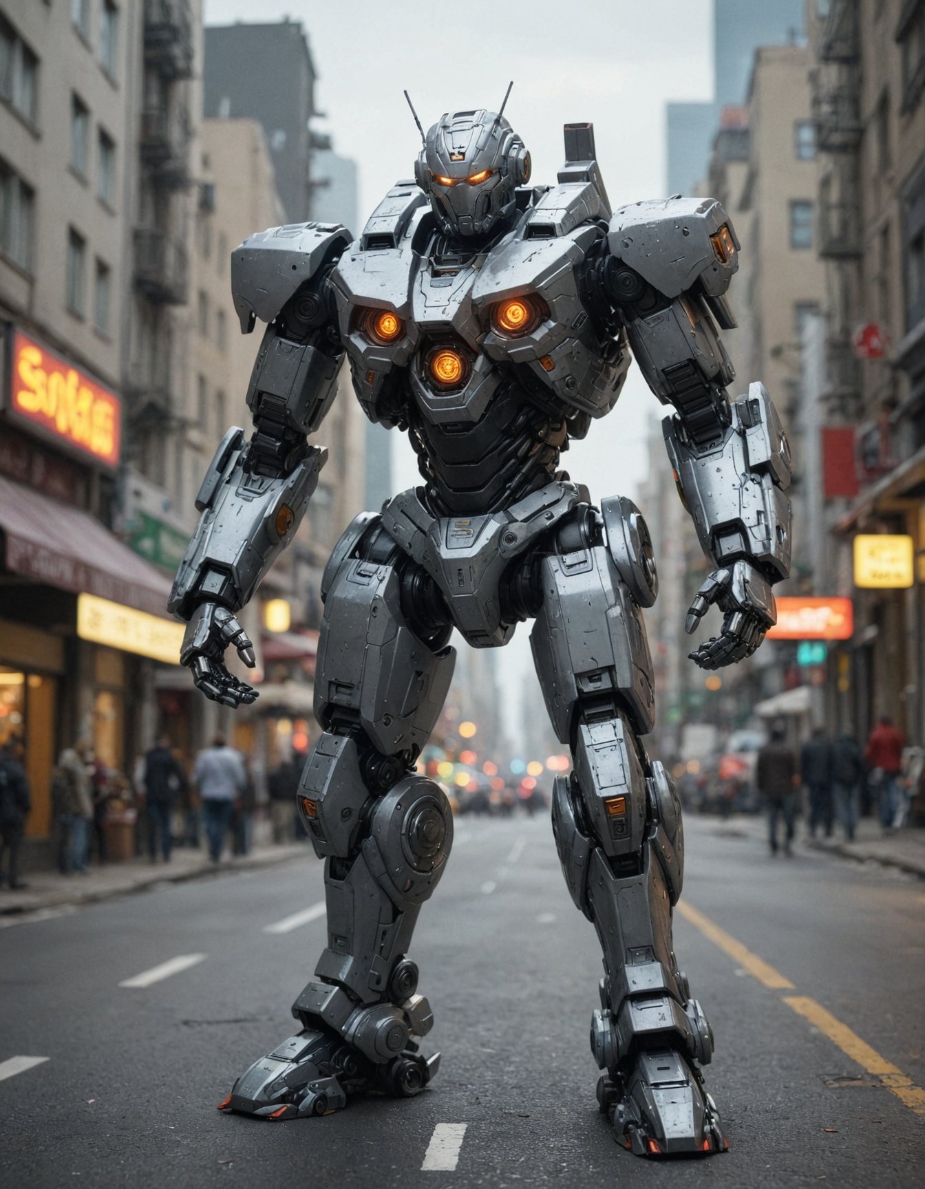 cgi, high quality render of mecha robot, perfect environment, city, sci-fi, extremely detailed, dof, bokeh