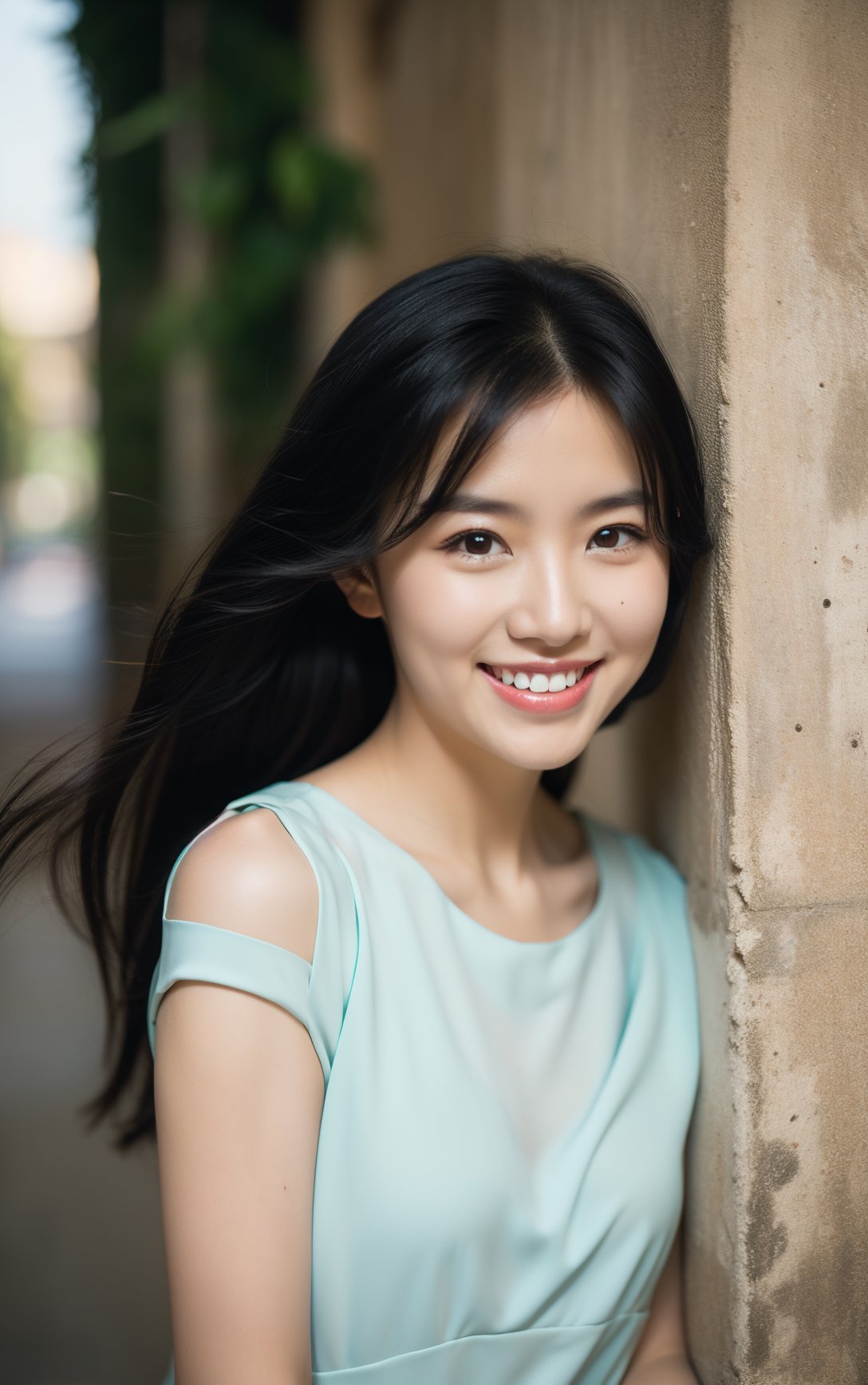 a woman is leaning against a wall and smiling at the camera,1girl,solo,smile,looking at viewer,teeth,flower,black hair,blurry,head tilt,long hair,blurry background,grin,upper body,realistic,dress,,