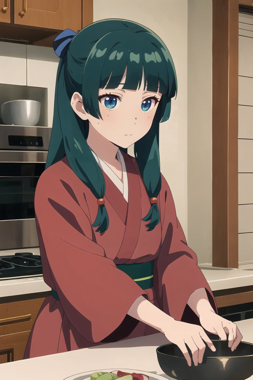 Maomao, anime girl with blue eyes and green hair in a kitchen, 1girl, solo, long hair, bangs, blue eyes, closed mouth, upper body, japanese clothes, green hair, indoors, blunt bangs, red kimono, freckles, <lora:The_Apothecary_Diaries_-_Maomao_Xiao_Mao R2:0.8>