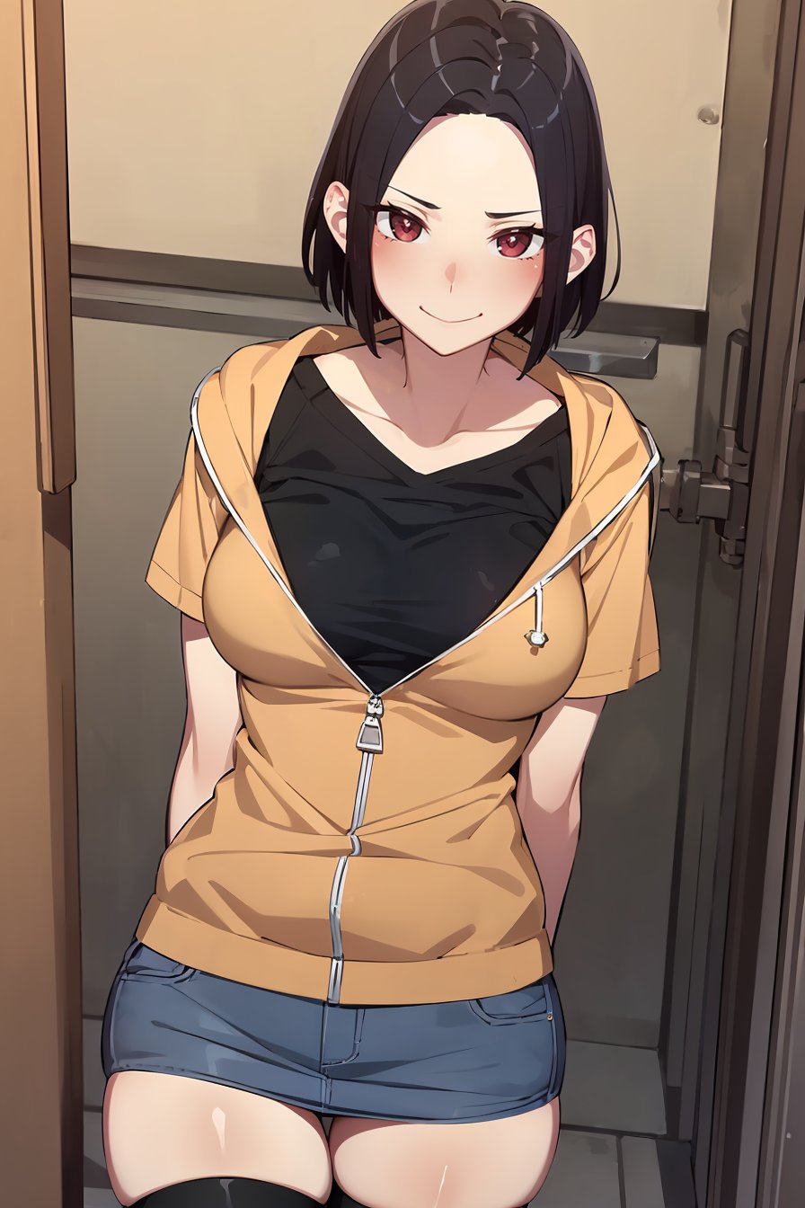 (masterpiece, best quality), 1girl, (solo), looking at viewer,seductive smile, closed mouth, blush,<lora:AngryExGF (Stopman)-offset:1>, Angry-Ex-GF, red eyes, breasts, forehead,orange hoodie, denim skirt, miniskirt, black thighhighs, black undershirt,