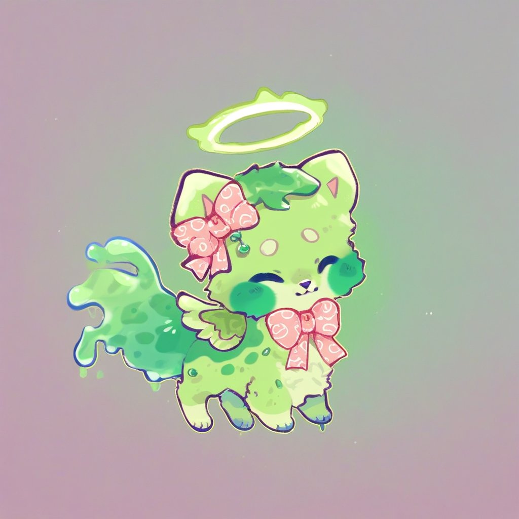 sushidog, score_9, score_8, solo, bow, ribbon, green tea theme, liquid tail, small wings, halo, cute, feral