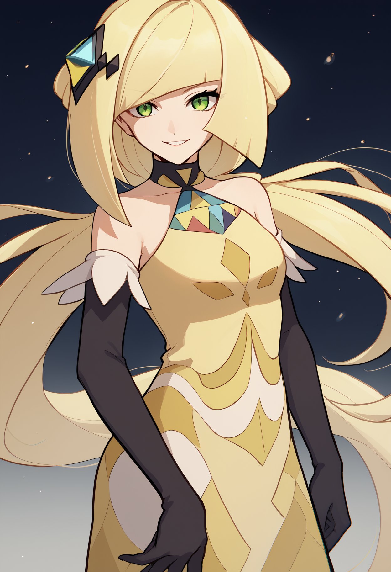 score_9, score_8_up, score_7_up, source_anime BREAK 1girl, solo, <lora:lusamine-pokemon-richy-v1_pdxl:1> lsmnsyg, green eyes, blonde hair, very long hair, ponytail, hair ornament, bangs, yellow dress, halterneck, black gloves, elbow gloves, standing, looking at viewer, smile,