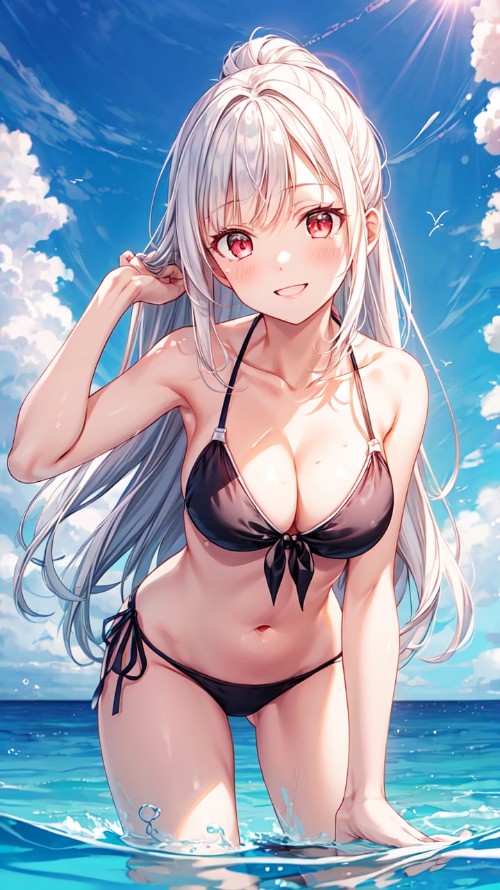 masterpiece,best quality,highres,illustration,hyper detailed,8k cg wallpaper,ray tracing,((white hair:1.2)),((long hair:1.2)),red eyes,((straight hair:1.2)),medium breasts,<lora:增加細節>,(hiten1:0.8),cleavage,black bikini,front-tie bikini top,side-tie bikini bottom,wading,ocean,ponytail,smile,leaning forward,