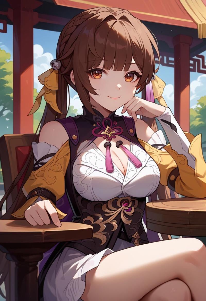 score_9, score_8_up, score_7_up, source_anime, 1girl, sushangdef, brown eyes, brown hair, long hair, twintails, braid, hair ornament, bare shoulders, long sleeves, shoulder cutout, clothing cutout, cleavage cutout, white dress, chinese clothes, tassel, thigh strap, sitting, on chair, table, head rest, elbow rest, smile, closed mouth, looking at viewer, outdoors, portrait, close-up, upper body, facing viewer, <lora:Sushang_v1-000010:1>