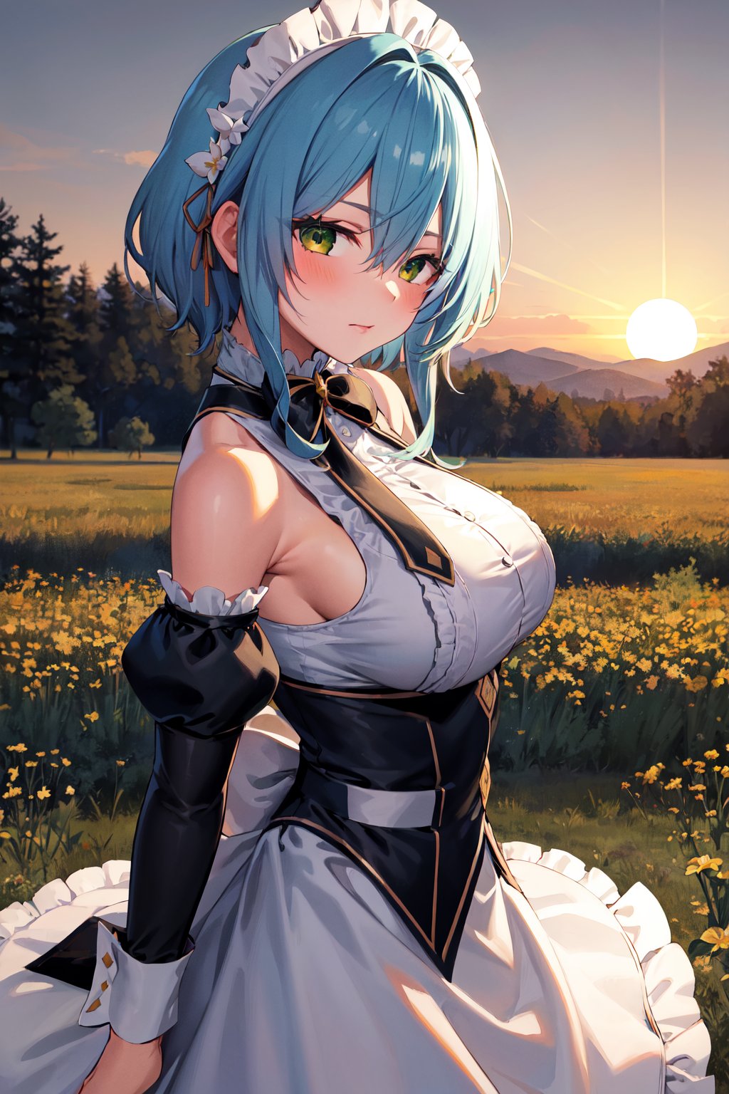 masterpiece, best quality, highres, aavillhaze, short hair, maid headdress, green eyes, breasts, maid, black bowtie, bare shoulders, frills, dress, underbust, detached sleeves, long sleeves, maid apron, <lora:villhaze_v1:0.7>, from side, sunset, field, cowboy shot, 