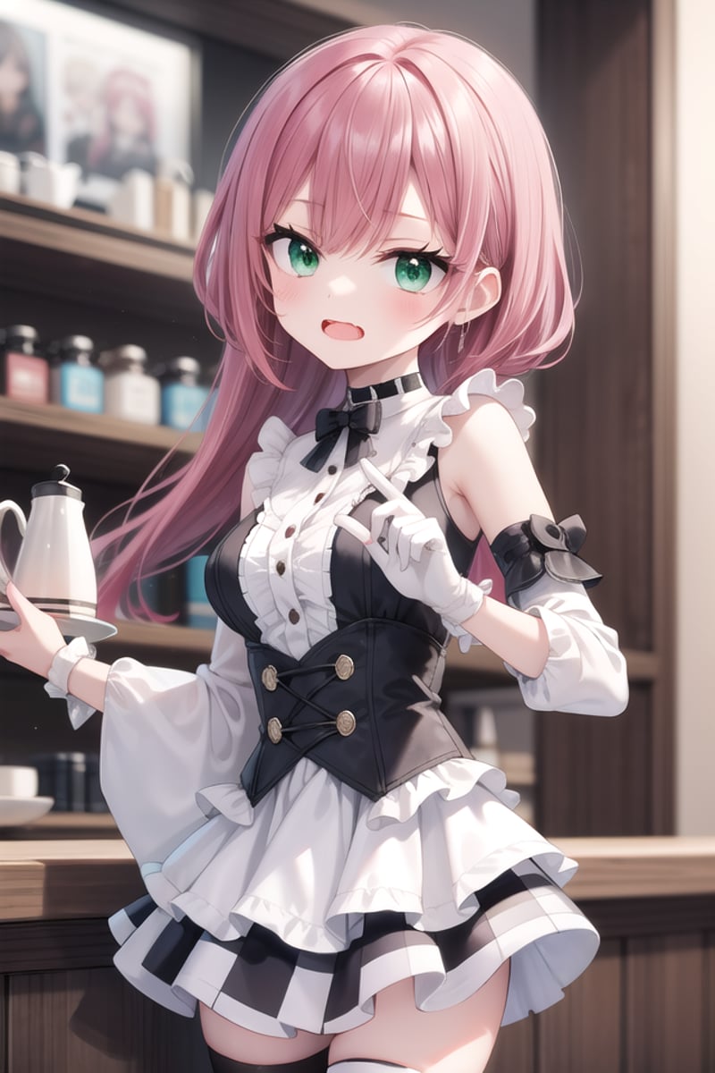 <lora:talkmouth_E_type2_v100:1>insanely detailed, absurdres, ultra-highres, ultra-detailed, best quality,1girl, solo, nice hands, perfect handsBREAK(a checkered clothes:2.0), (a checkered idol clothes:1.6), (short frill sleeve:1.3), (layered skirt,multilayer-skirt:1.6), (white thigh-high socks:1.4), (white choker,white glove with frill:1.3)BREAK(nsfw:-1.5)BREAKsmile, open mouthBREAK,standing, cowboy shot, looking at viewerBREAKslender, kawaii, perfect symmetrical face, ultra cute girl, ultra cute face, ultra detailed eyes, ultra detailed hair, ultra cute, ultra beautifulBREAKin coffee shop, depth of field, ultra detailed backgroundBREAKmedium breastsBREAKred hair, green eyes, long hair, 