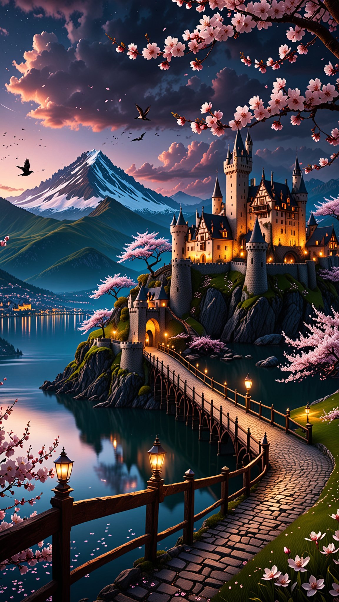 detailed background, witchy aesthetic, realistic,  outdoors, sky, night, cloud, water, tree, petals, no humans, bird, grass, cherry blossoms, building, scenery, mountain, city, fantasy, road, watercraft, bridge, river, castle, tower, boat, landscape, mountainous horizon, lake, dock depth of field, masterpiece, best quality, ultra-detailed, very aesthetic, perfect composition, intricate details, absurdres, moody lighting, UHD, landscape photography, vast vistas, natural beauty, dynamic compositions, captivating scenery, immersive, serene