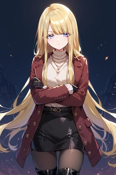 score_9, score_8_up, score_7_up, score_6_up, 1girl, <lora:Neo:0.9> neo, solo, thigh boots, boots, gloves, long hair, jewelry, blonde hair, pantyhose, black gloves, skirt, necklace, crossed arms, dark red jacket, sweater