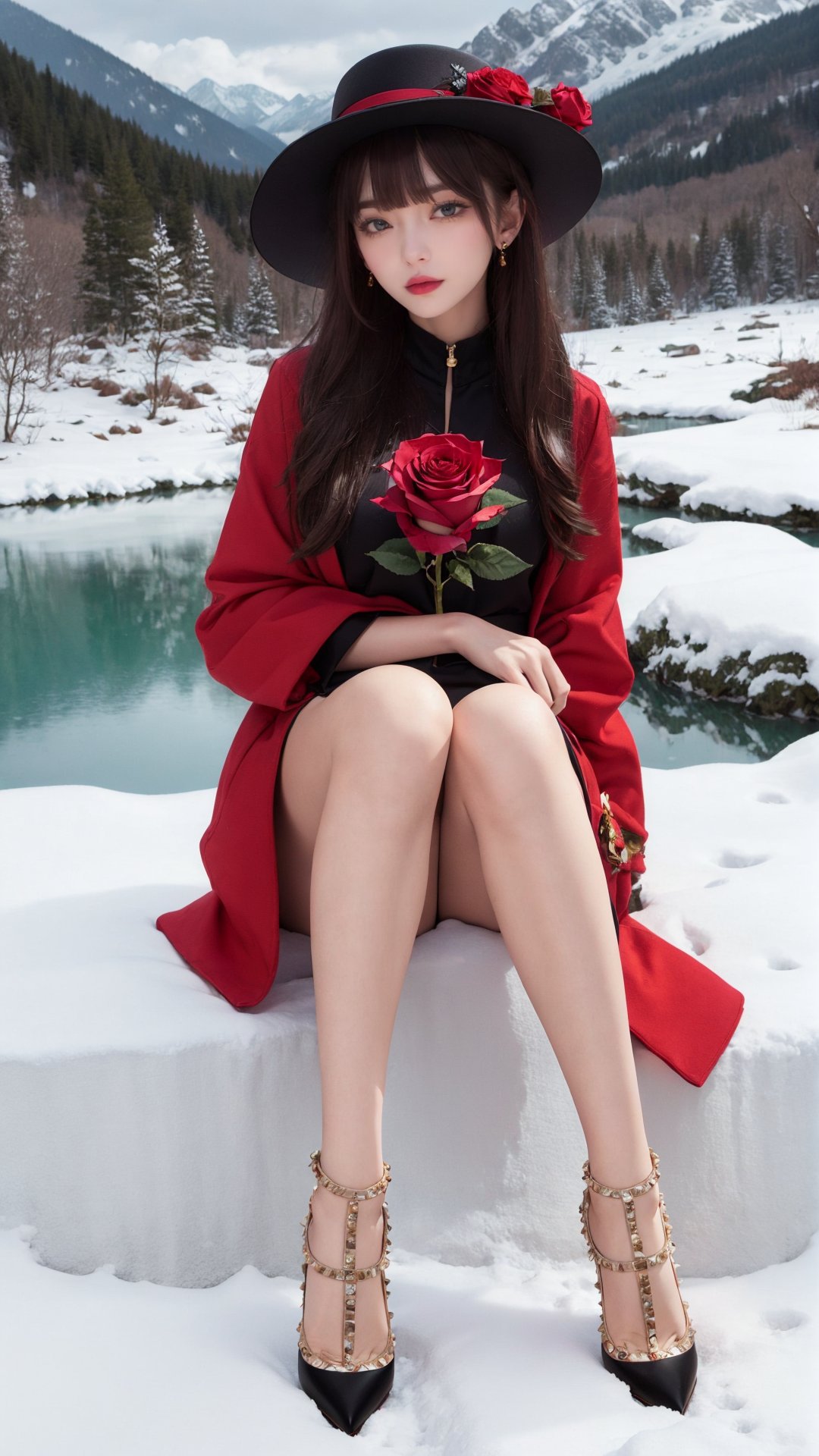 tutututu,high heels,masterpiece,best quality,winter,snow field,1girl,bangs,blue eyes,blunt bangs,brown hair,fruit,full body,hat,long hair,looking at viewer,red flower,red rose,rose,sitting,solo,sky,sun,mountain,forest,lake,<lora:merged_0020:0.9>,