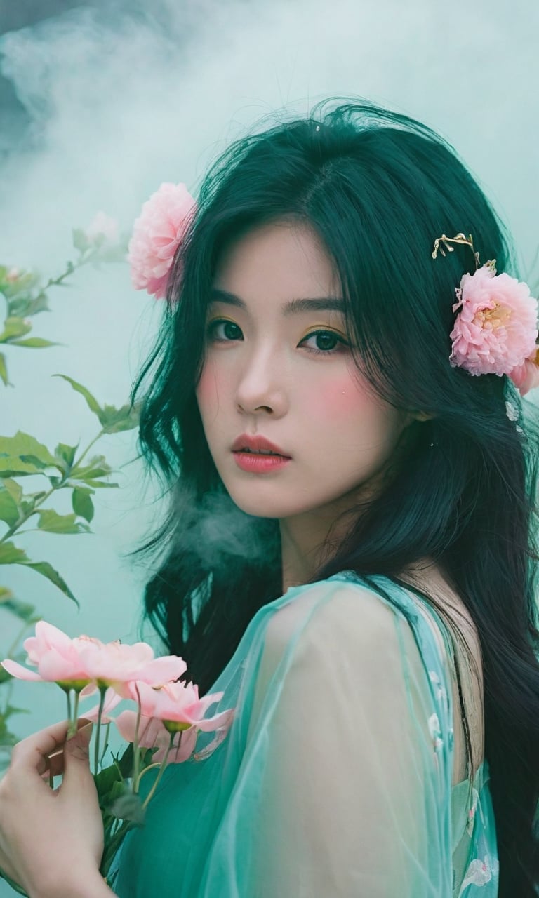 A asian woman with long black hair with pink flowers on her face and hair, with mist partially covering her face, in the style of michael vincent manalo, light green and cyan, cute and dreamy, made of mist, pop inspo, hyperrealism, vintage aesthetics, dark yellow and light cyan