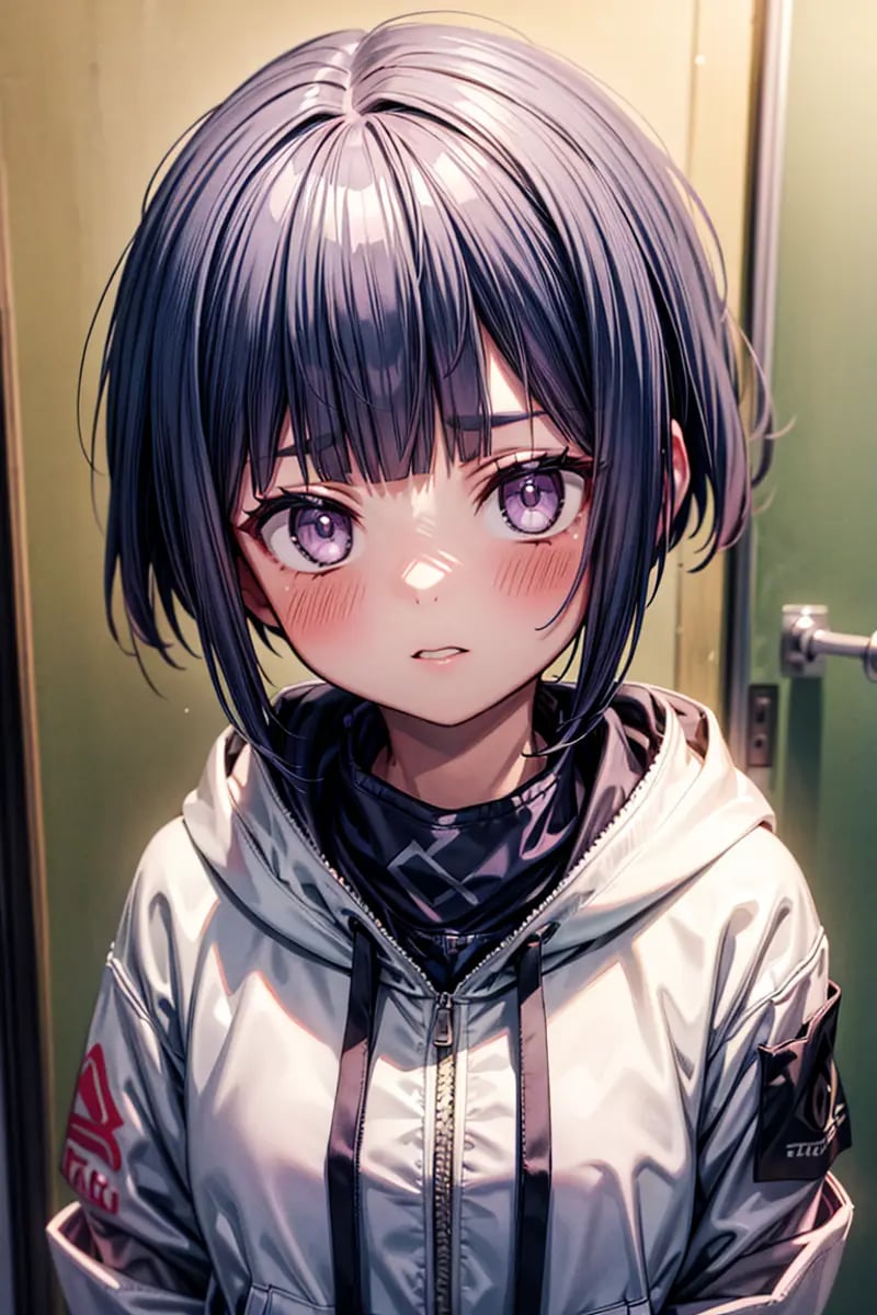 High detailed,  masterpiece,  best quality,  8K,  highres,  Hinat4_yng,  (13 years old) short hair,  blush,  bangs,  purple hair,  long sleeveswhite eyes,  jacket,  upper body,  hood,  blunt bangs,  hodiee,  white jacket,  hood down,  hooded jacket,<lora:EMS-300175-EMS:0.800000>,<lora:EMS-179-EMS:0.800000>