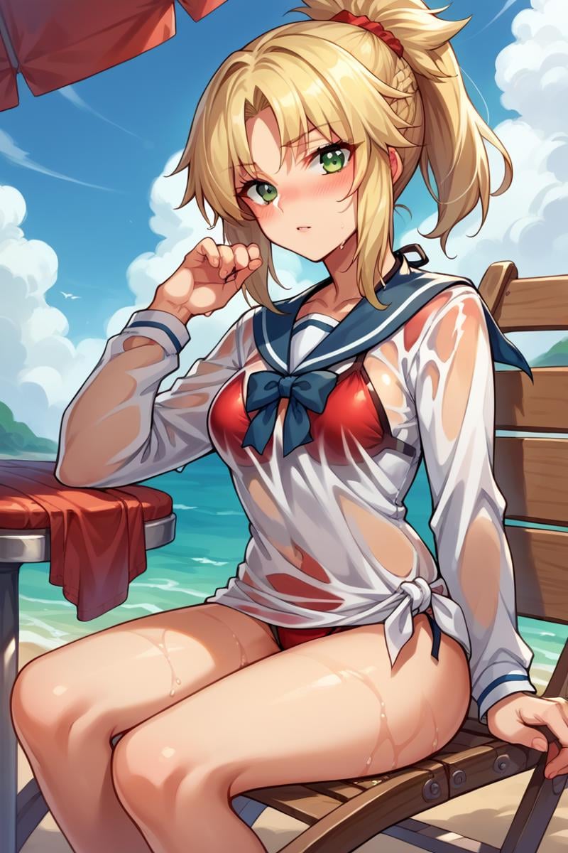 score_9, score_8_up, score_7_up, score_6_up, source_anime, BREAK solo, <lora:mordred-pdxl-nvwls-v1-000005:1> 2ndRiderMord, blonde hair, green eyes, ponytail, red bikini, sailor collar, white shirt, wet shirt, see-through, long sleeves, sitting, beach chair, medium breasts, blue sky, clouds, looking at you, blush