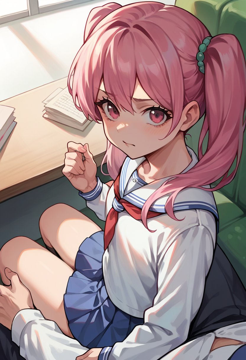 score_9, score_8_up, score_7_up, score_6_up, source_anime, 1girl, long hair, pink hair, twintails, pov, sitting on lap, school uniform, pleated skirt, looking at viewer, <lora:pov_sitting_on_lap_v0.1-pony:1>