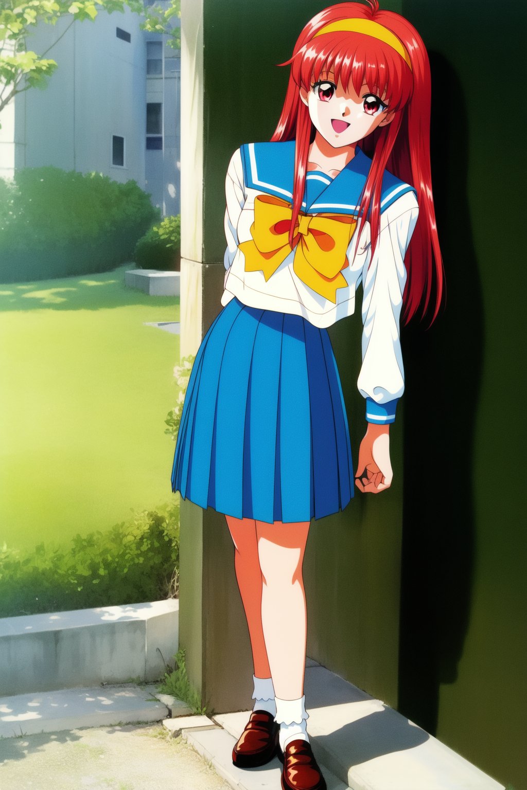 <lora:FujisakiShiori:1> FujisakiShiori, 1girl, solo, retro artstyle, 1990s (style), school uniform, long hair, skirt, hairband, shoes, arms behind back, loafers, open mouth, pleated skirt, serafuku, blue skirt, standing, long sleeves, red hair,bow, smile, socks, red eyes, yellow bow,masterpiece, high quality, very_high_resolution, large_filesize, full color, 