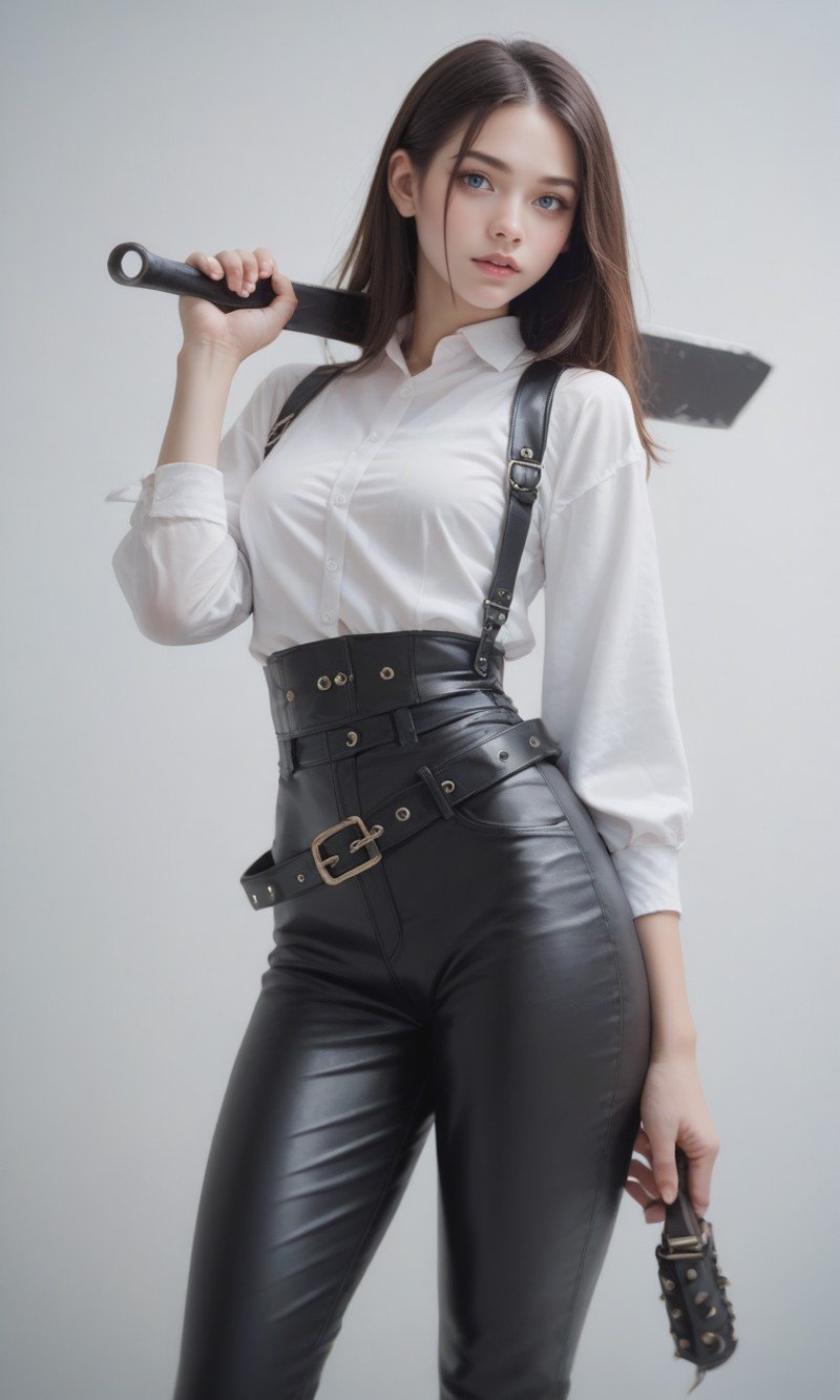 score_9, score_8_up, score_7_up, Leather Belt, wide belt with buckle, holding various tools and weapons, 