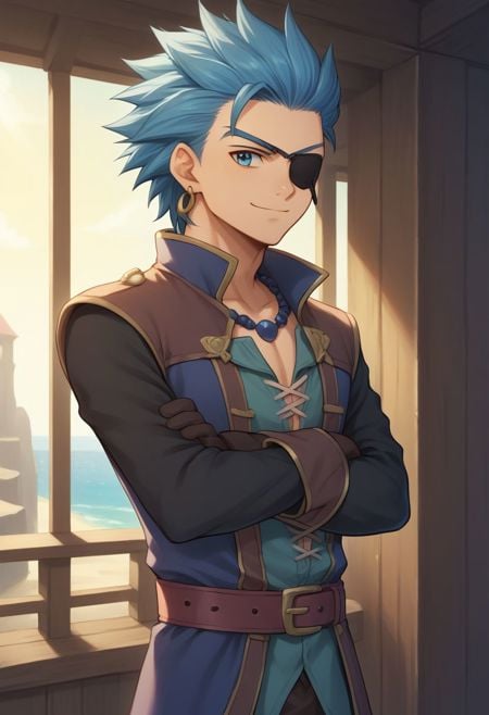 score_9, score_8_up, score_7_up, source_anime, highly detailed, 1boy, solo, male_focus, half body, half body, skinny,erik, solo, 1boy, male focus, crossed arms, eyepatch,  blue hair, spiked hair, belt, standing, gloves, smile, pirate, shirt, coat,outdoor, 