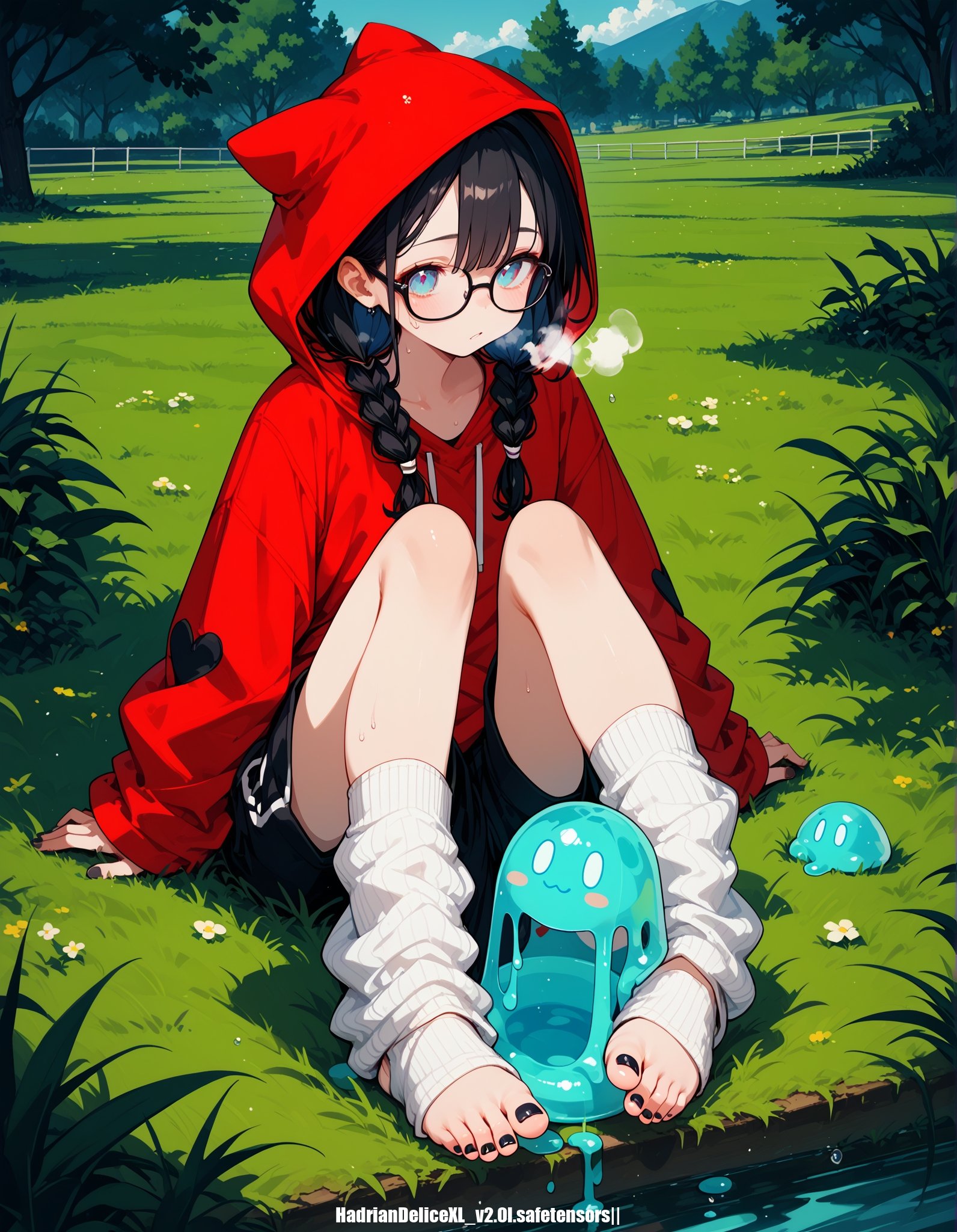 score_10,score_9_up,score_8_up,score_7_up,score_6_up, hadrian, black hair,glasses,low twin braids,black toenails,hair ribbon, oversized hoodie,baggy loose socks stirrup socks,breath,water drop,micro shorts, sitting,simulated footjob,stepped on (slime),outdoors,grass,hood up,