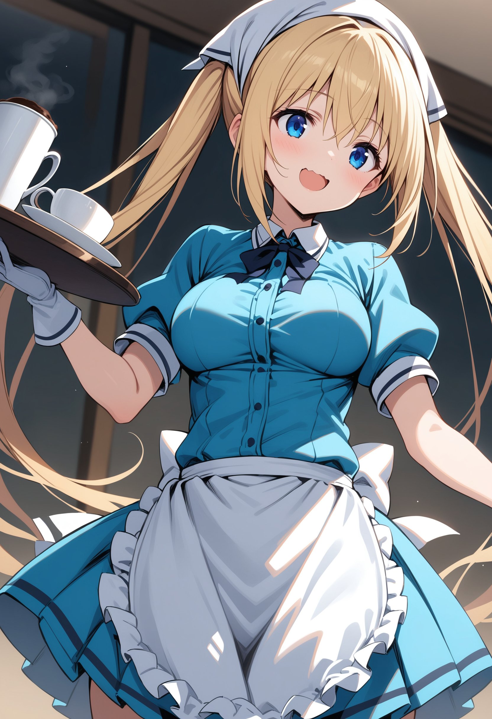 masterpiece, best quality, ultra detailed, very aesthetic,1girl, hinata kaho, blend s, blonde hair, blue eyes, twintails, long hair, head scarf, stile uniform, head scarf, blue shirt, frills, frilled apron, collared shirt, puffy sleeves, puffy short sleeves, medium breasts, waist apron, white gloves, white apron, cup, coffee, tray, smile, wavy mouth, open mouth,