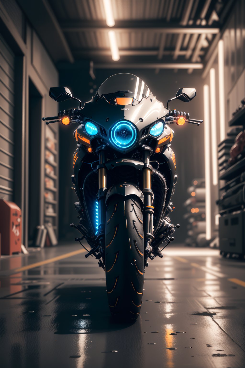 cyberpunkAI, no humans, neon motorcycle, futuristic bike, cyberpunk design, neon lights, black and orange, garage setting,<lora:cyberpunkAI:0.8>, masterpiece,best quality,