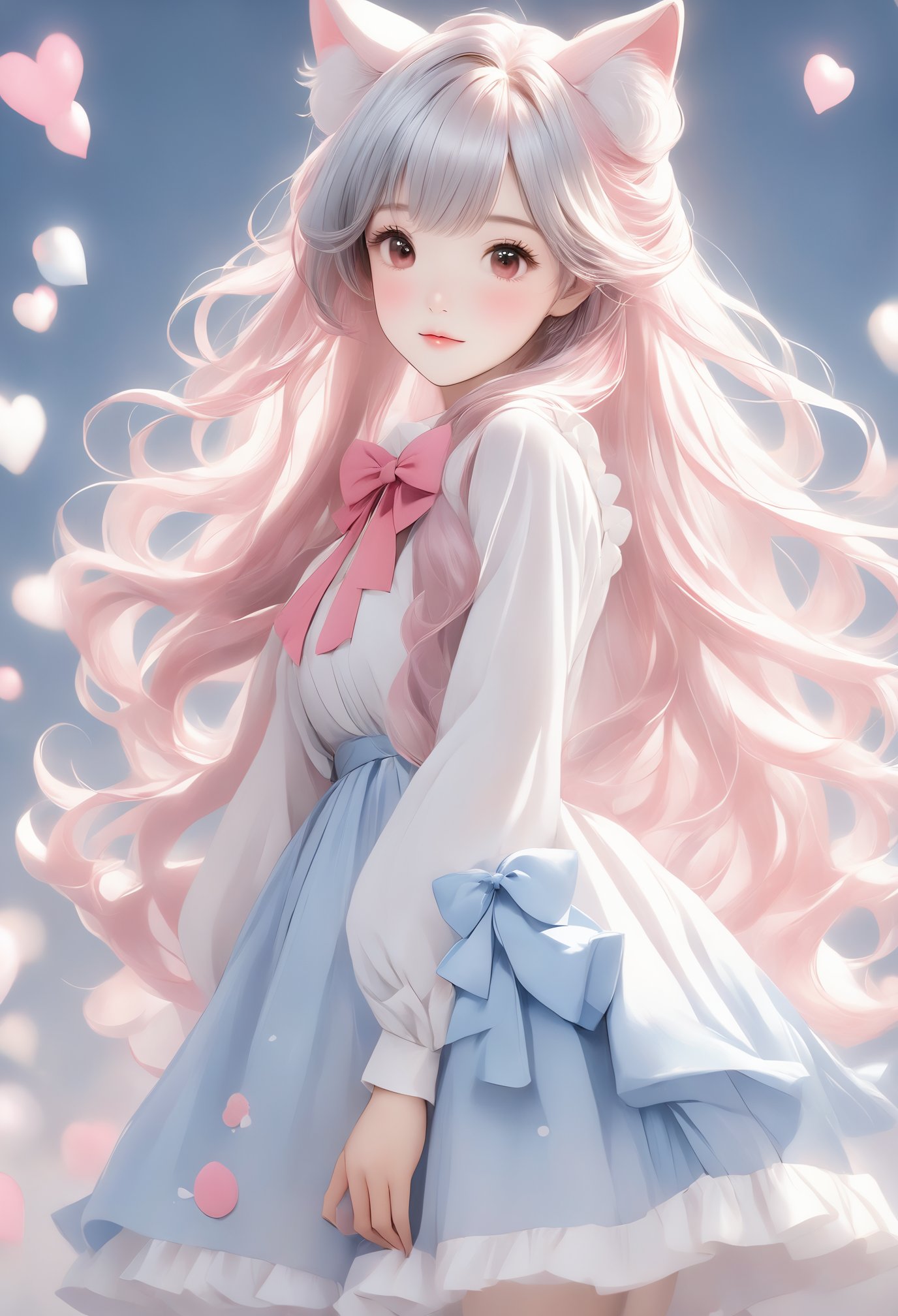 1girl, multiple colored hairs,hair,lovely,cute,posing,whole bodyblue bow,pink animal ears, red eyes, long hair, very long hair, long sleeves, solo, bow, hair between eyes, bangs, white dress, legwear,white hair